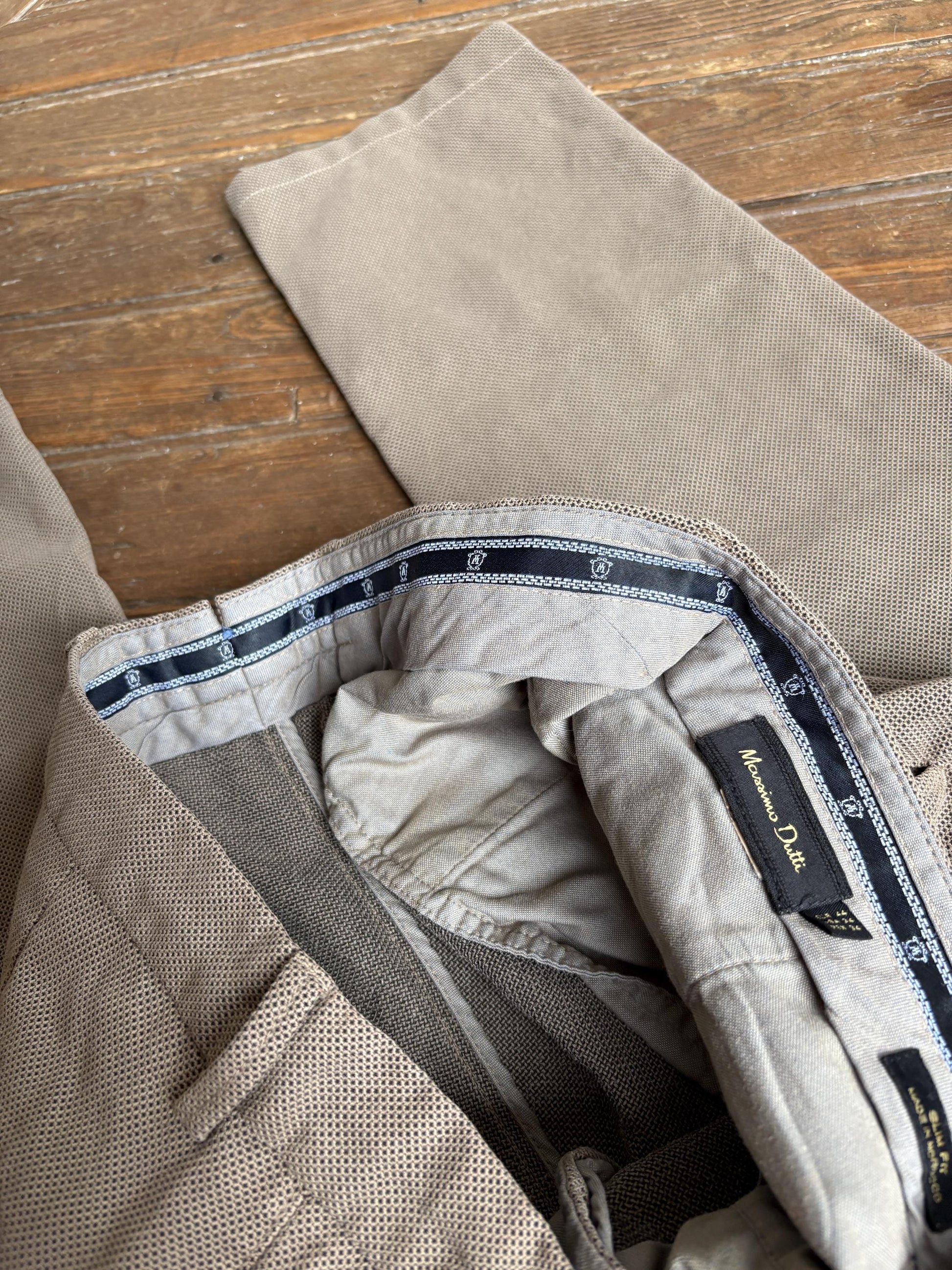 Massimo Dutti beige trousers, cotton feel, slim fit, button closure with zip fly, minimalist chic, US L, versatile casual