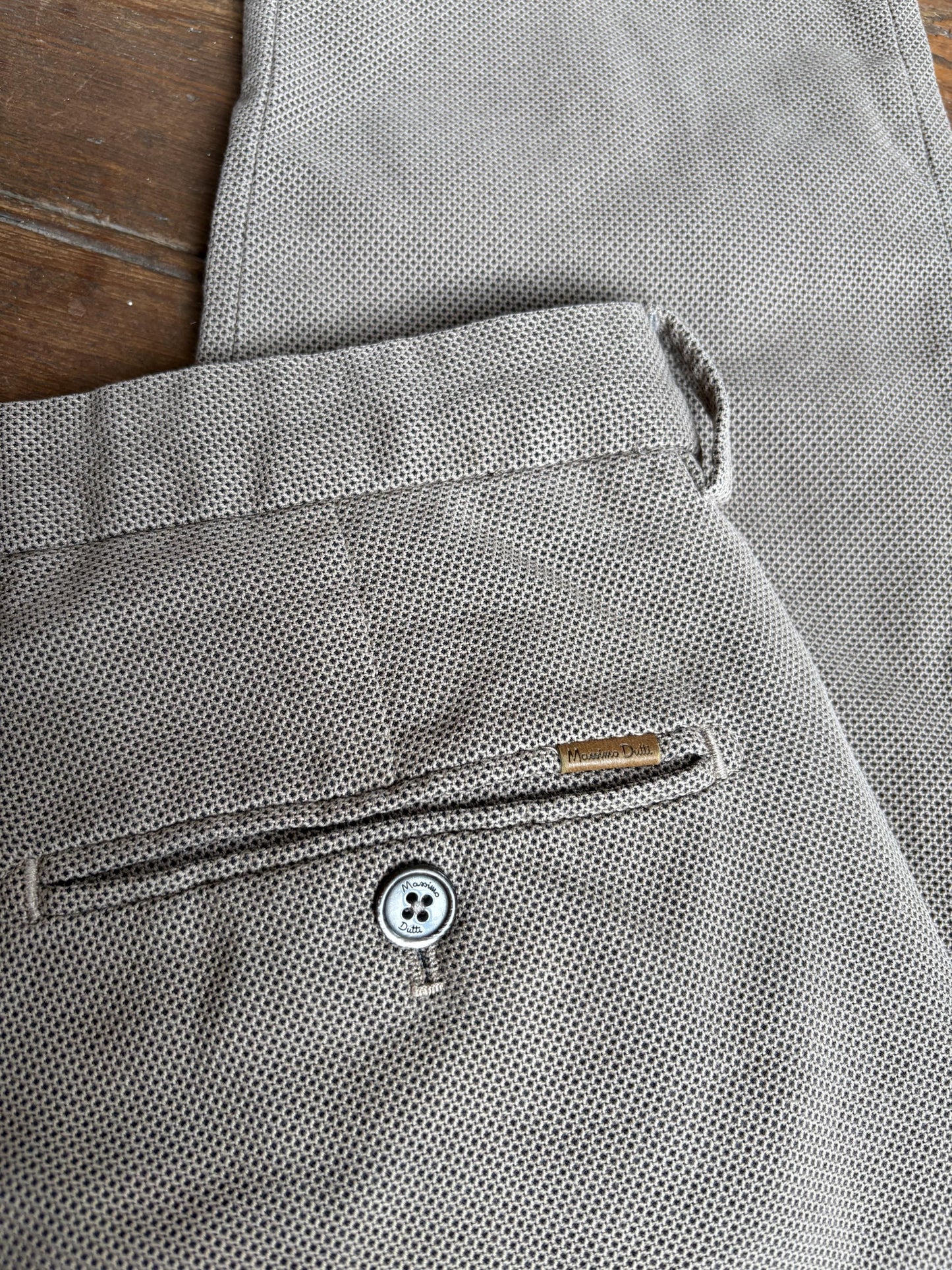 Massimo Dutti beige trousers, cotton feel, slim fit, button closure with zip fly, minimalist chic, US L, versatile casual