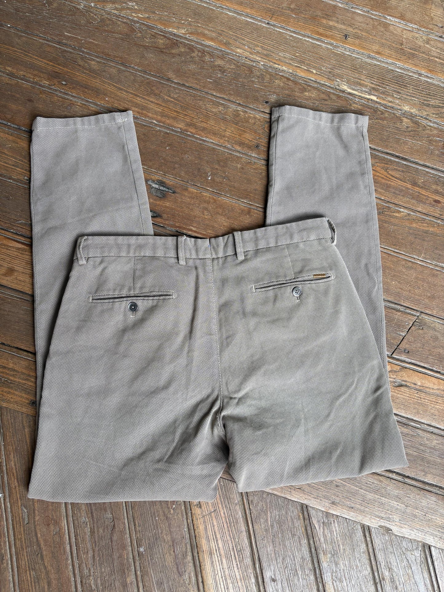 Massimo Dutti beige trousers, cotton feel, slim fit, button closure with zip fly, minimalist chic, US L, versatile casual