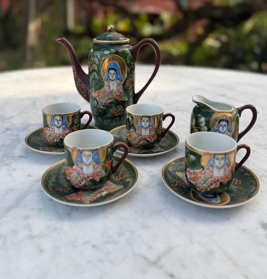 Vintage Hand-Painted Japanese Tea Set – Kutani Moriage Dragon Design, Made in Japan 1920s-1940s, Porcelain Teapot & Cups