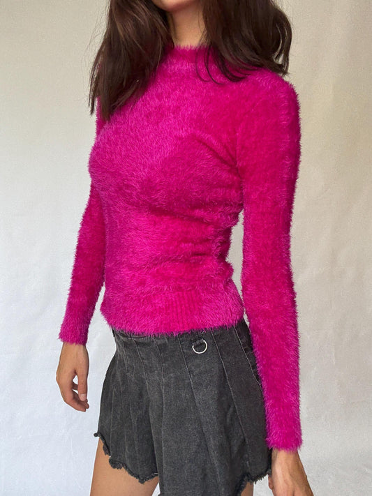 Y2K Vibrant pink jumper, cotton feel, relaxed fit, fluffy texture,90s Nicole richie style, US S, streetwear fun