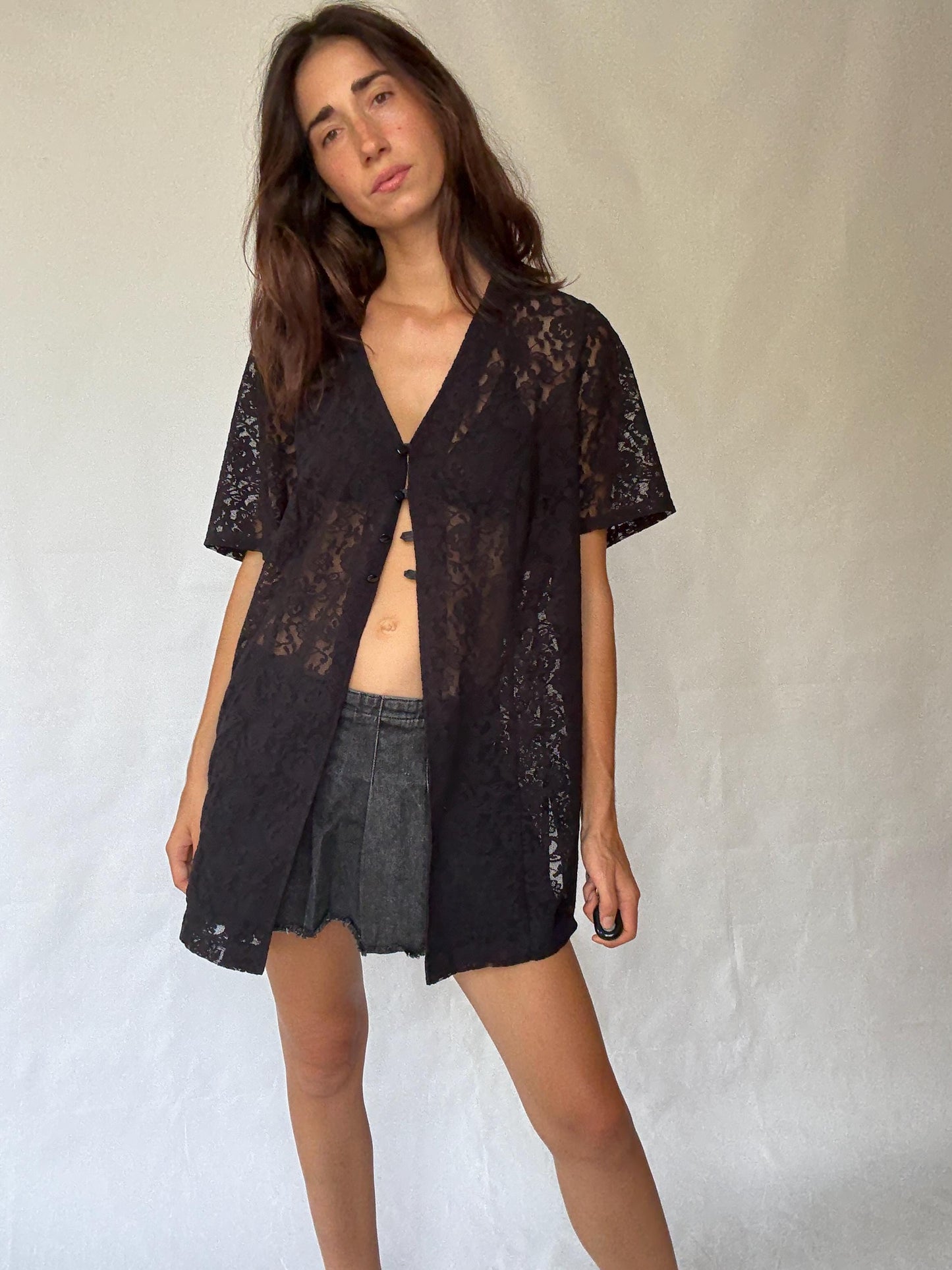 Vintage black lace button, up shirt, cotton feel, loose fit, floral sheer lace, romantic gothic, US L, versatile layering piece