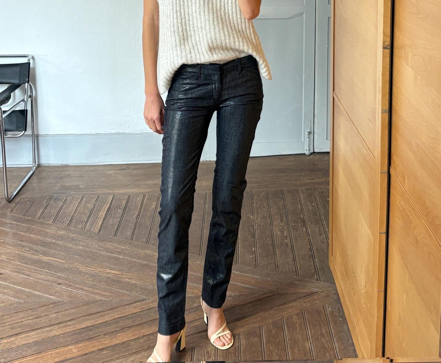 Vintage Metallic Black Pants, Drykorn Slim Fit Trousers