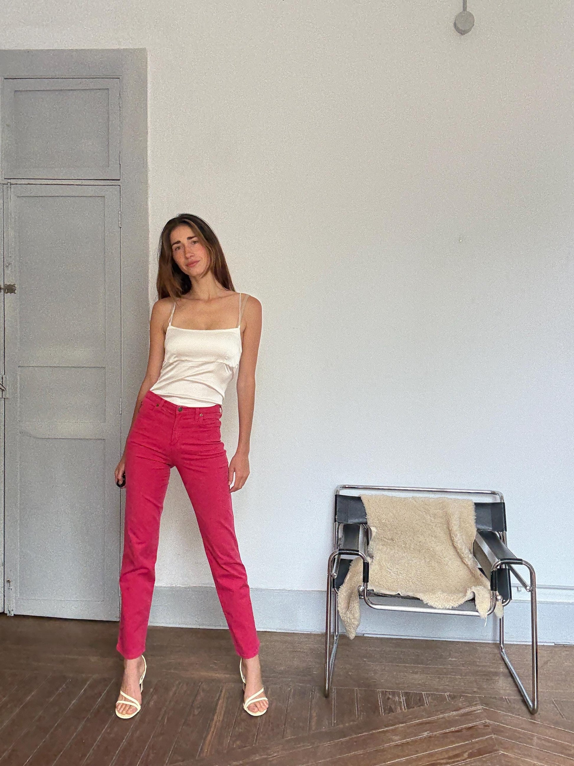 Vintage Armani Jeans Red Trousers – Size 28 – Designer Statement Pants