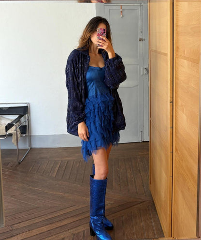Vintage Blue Padded Shoulders Jacket — fabric close-up