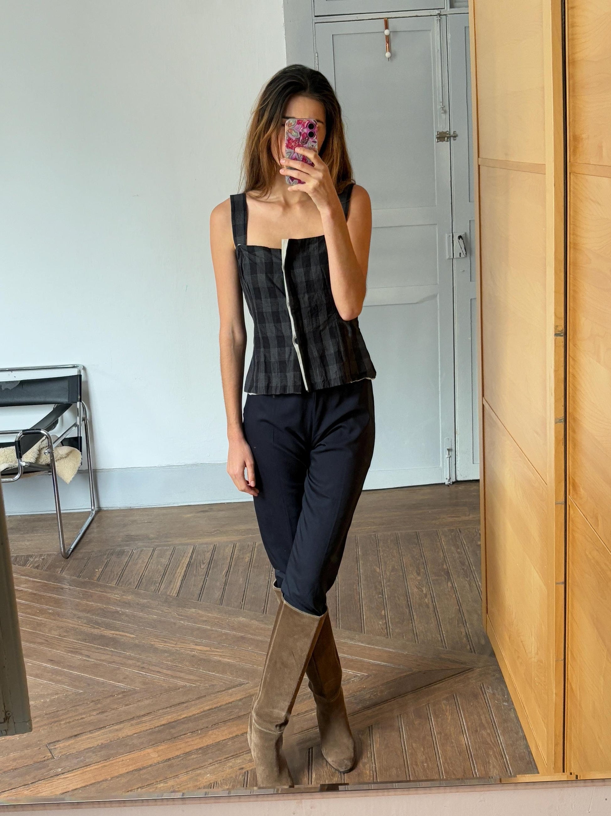 Vintage Annette Görtz top in plaid black grey and white pattern.