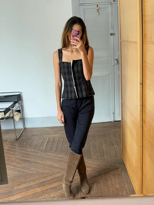Vintage Annette Görtz top in plaid black grey and white pattern.