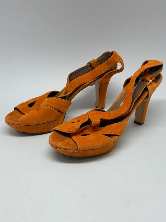 Pedro Miralles orange suede heels, suede feel, high heel with platform, cut, out pattern, elegant evening style, US 9, summer statement