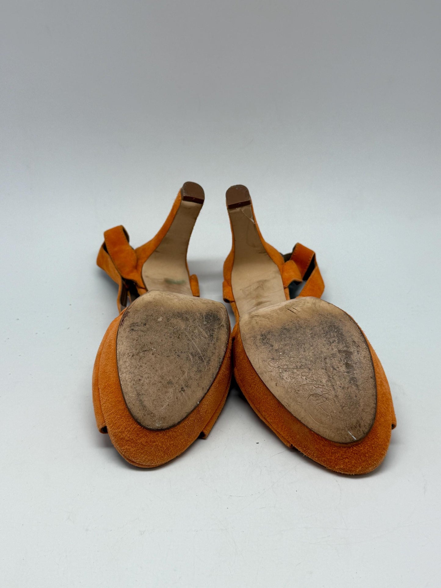 Pedro Miralles orange suede heels, suede feel, high heel with platform, cut, out pattern, elegant evening style, US 9, summer statement