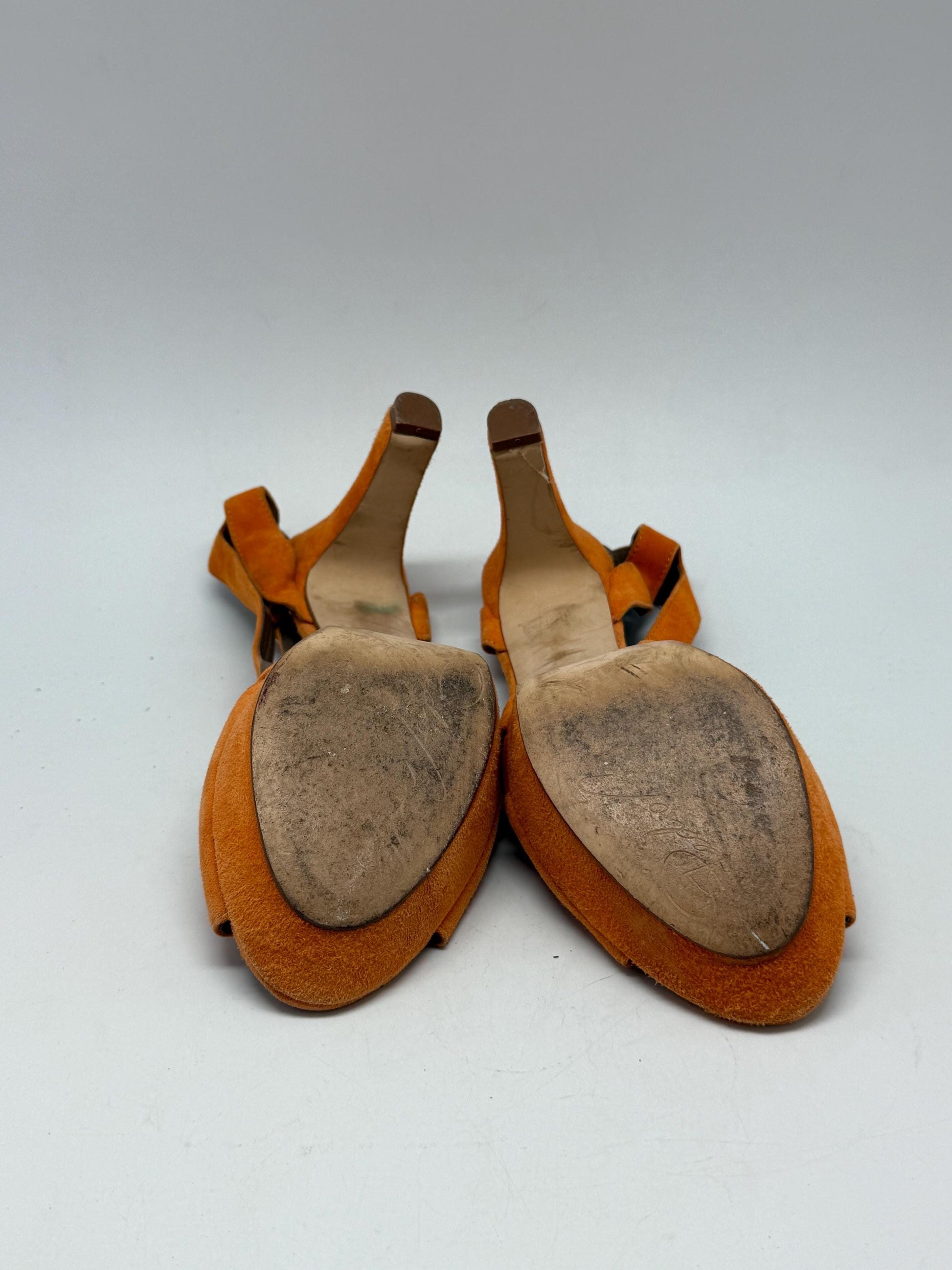 Pedro Miralles orange suede heels, suede feel, high heel with platform, cut, out pattern, elegant evening style, US 9, summer statement