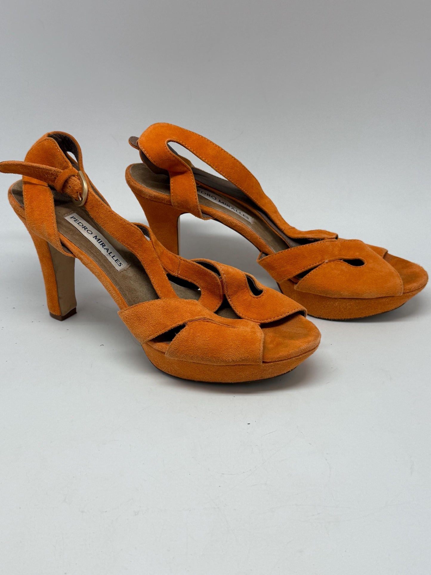 Pedro Miralles orange suede heels, suede feel, high heel with platform, cut, out pattern, elegant evening style, US 9, summer statement