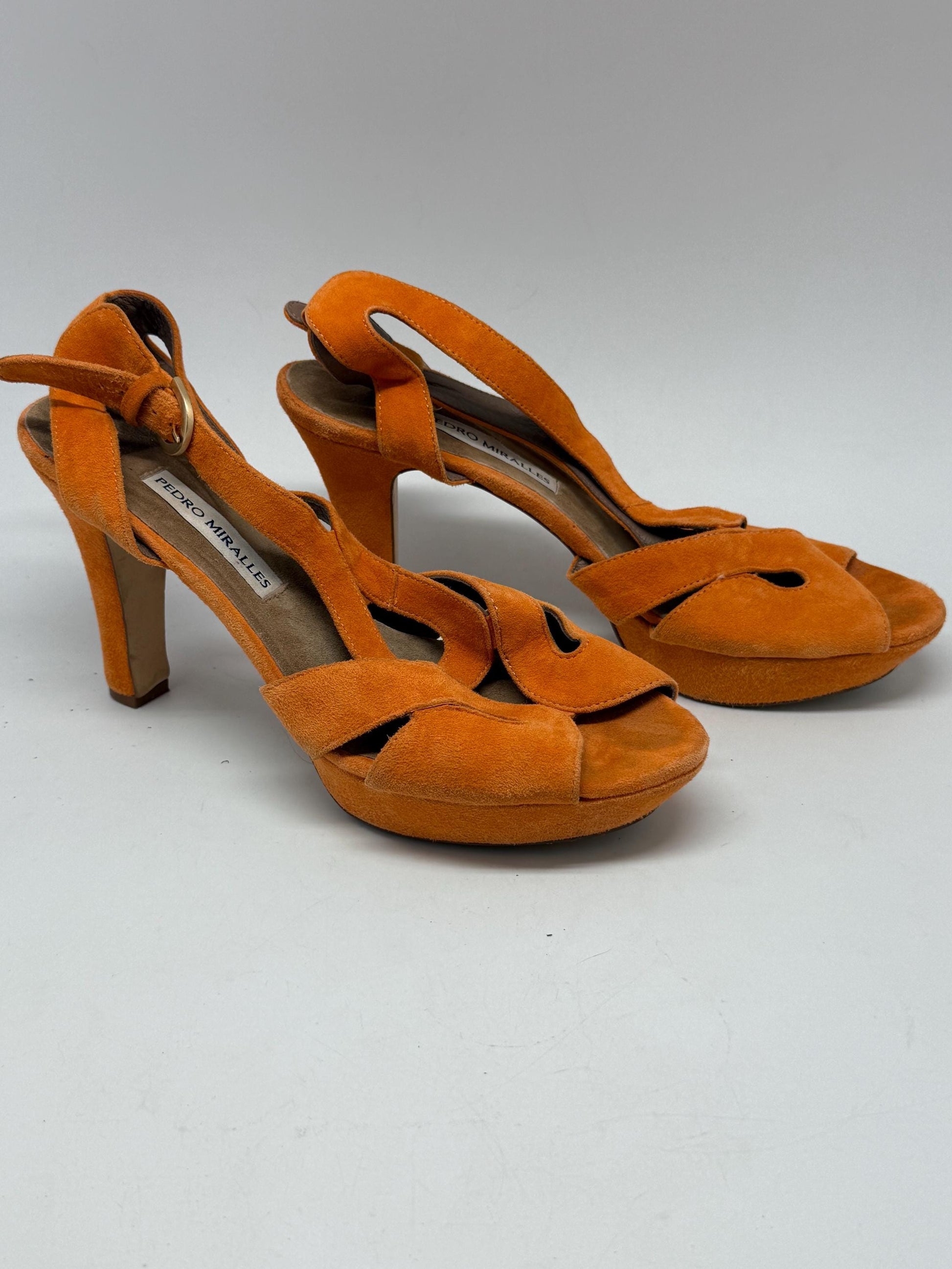 Pedro Miralles orange suede heels, suede feel, high heel with platform, cut, out pattern, elegant evening style, US 9, summer statement