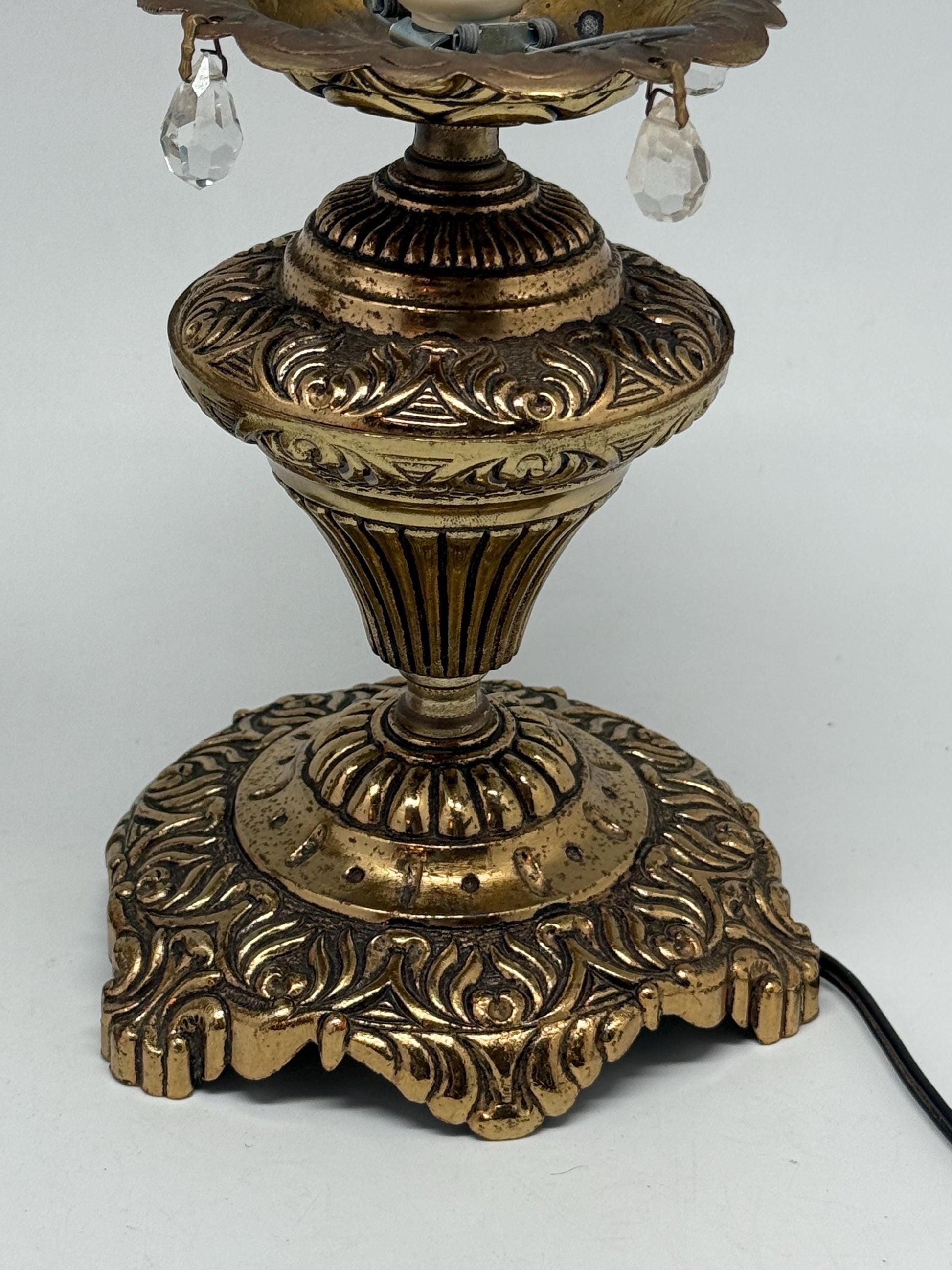 Vintage pair of ornate table lamps, metal with brass, tone finish, candle holders, hanging crystal accents, elegant antique style