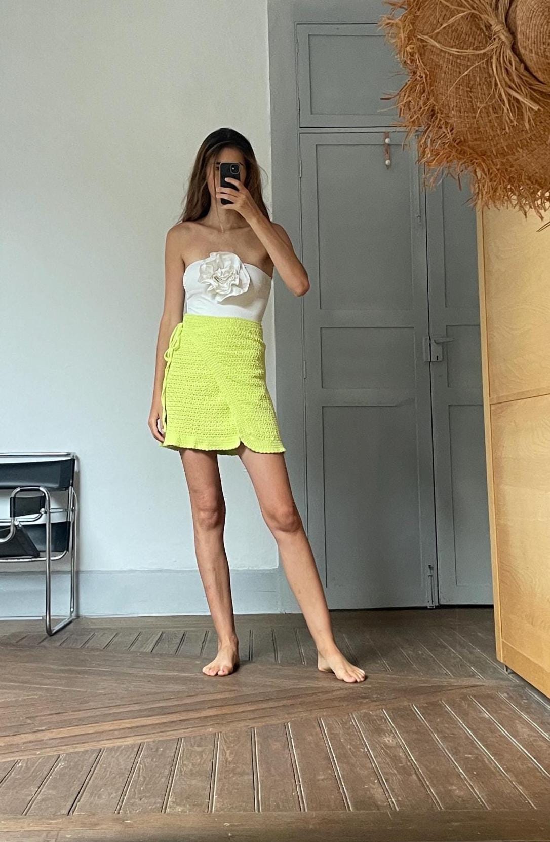 Handmade crochet summer pareo, Bikini beach wear, Lime green hand crocheted wrap skirt, Unique knit beach outfit