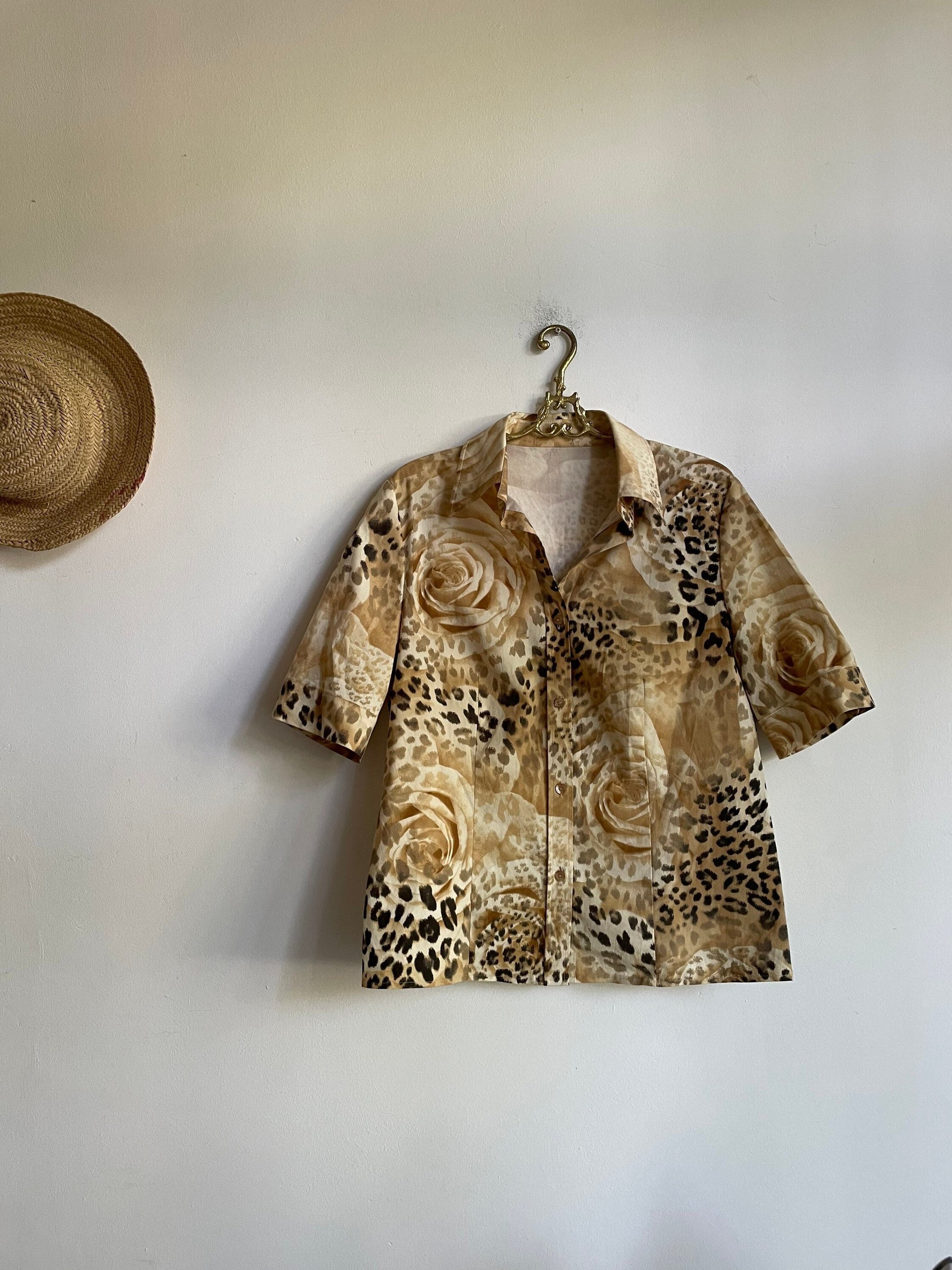 Vintage leopard pattern floral women's blouse, 80s patterned retro shirt, floral button up shirt, Vintage romantic top, Panther shirt