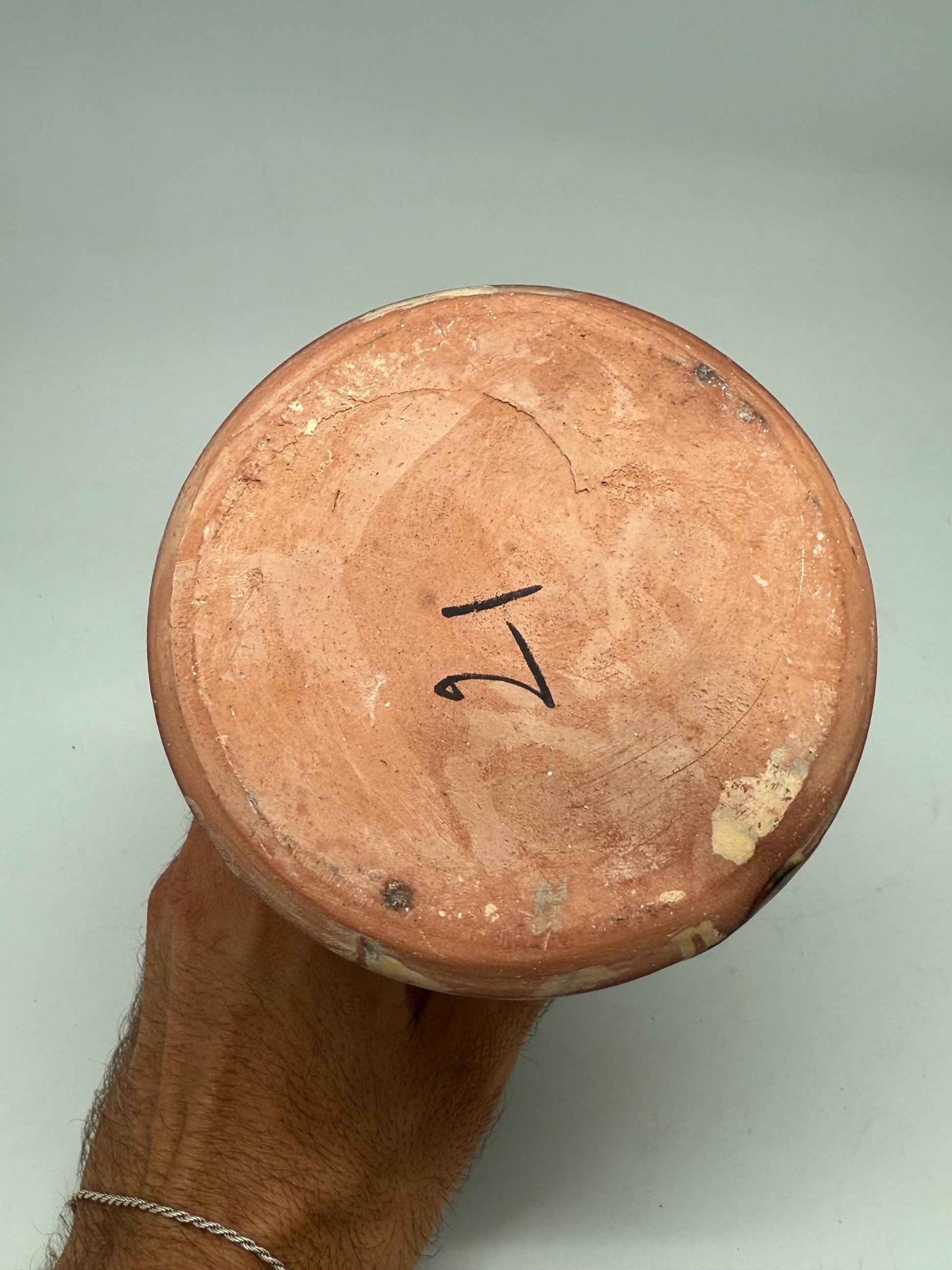 Vintage green tone ceramic pitcher, conical shape, multicolored marble glaze, unique tiered design, retro 70s decor, rustic home accent