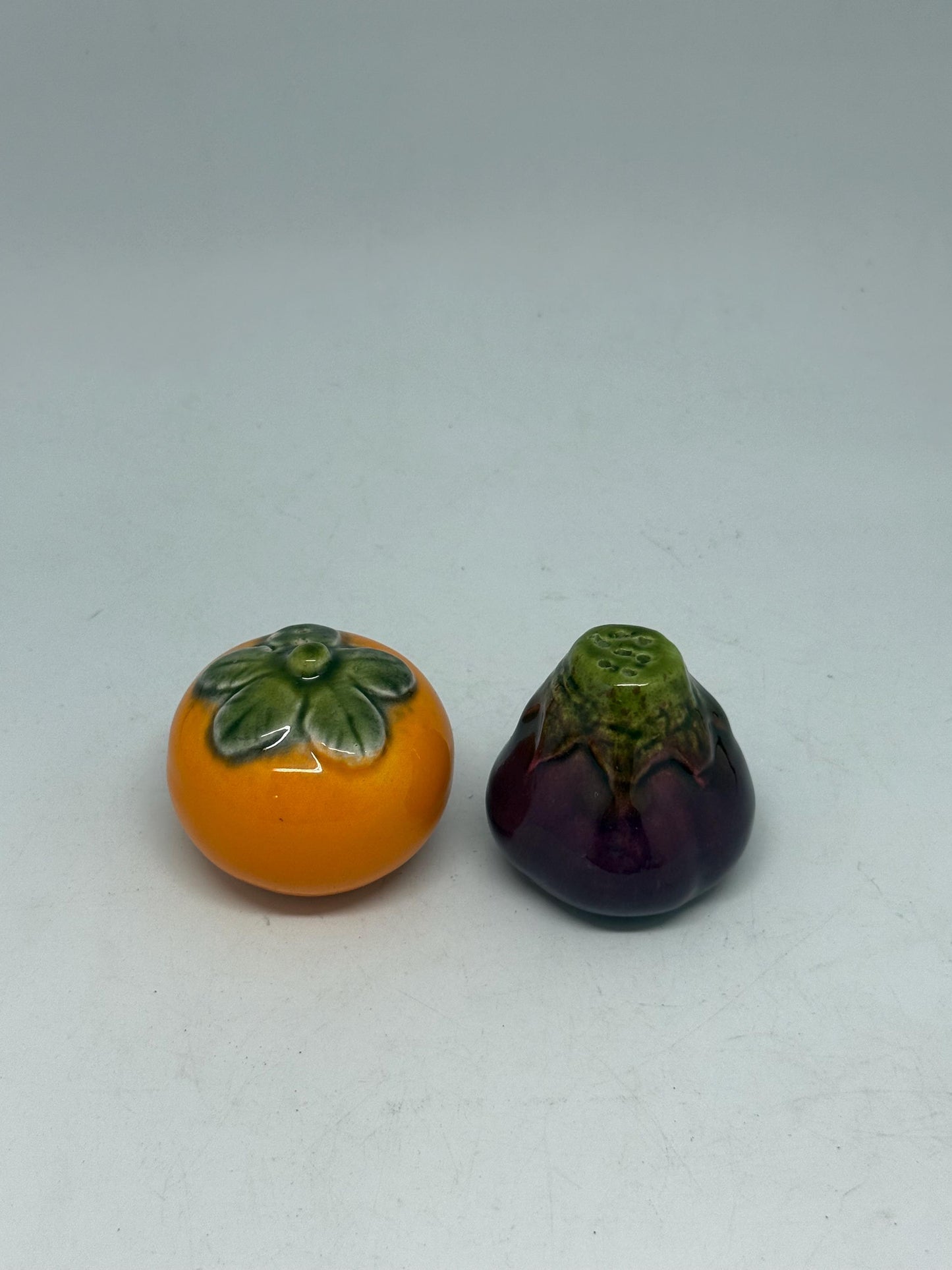 Vintage persimmon and eggplant ceramic salt and pepper shakers, hand, painted design, playful kitchen decor, bohemian touch