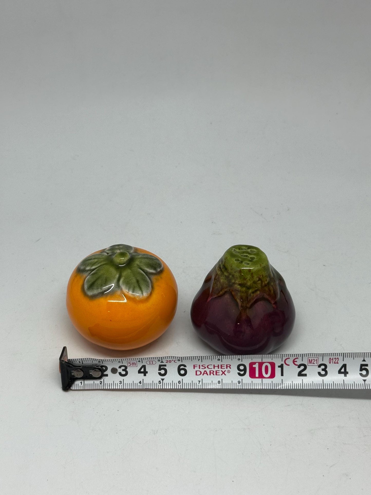 Vintage persimmon and eggplant ceramic salt and pepper shakers, hand, painted design, playful kitchen decor, bohemian touch