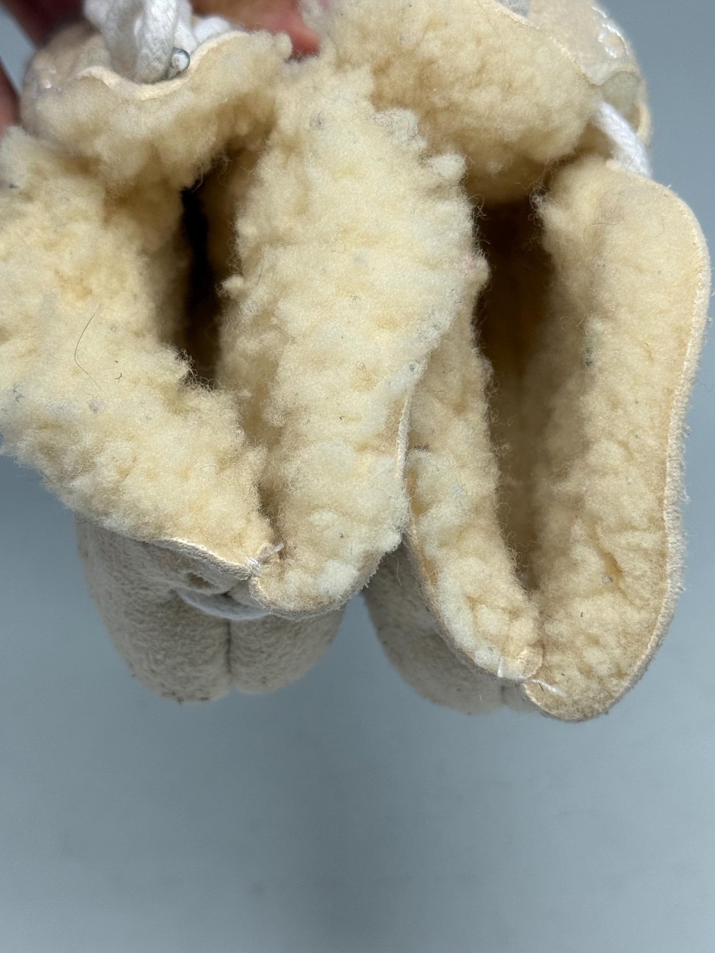Vintage baby booties, sheep wool and leather, lace, up detail, cozy shearling interior, cottagecore aesthetic, US 0-6 months