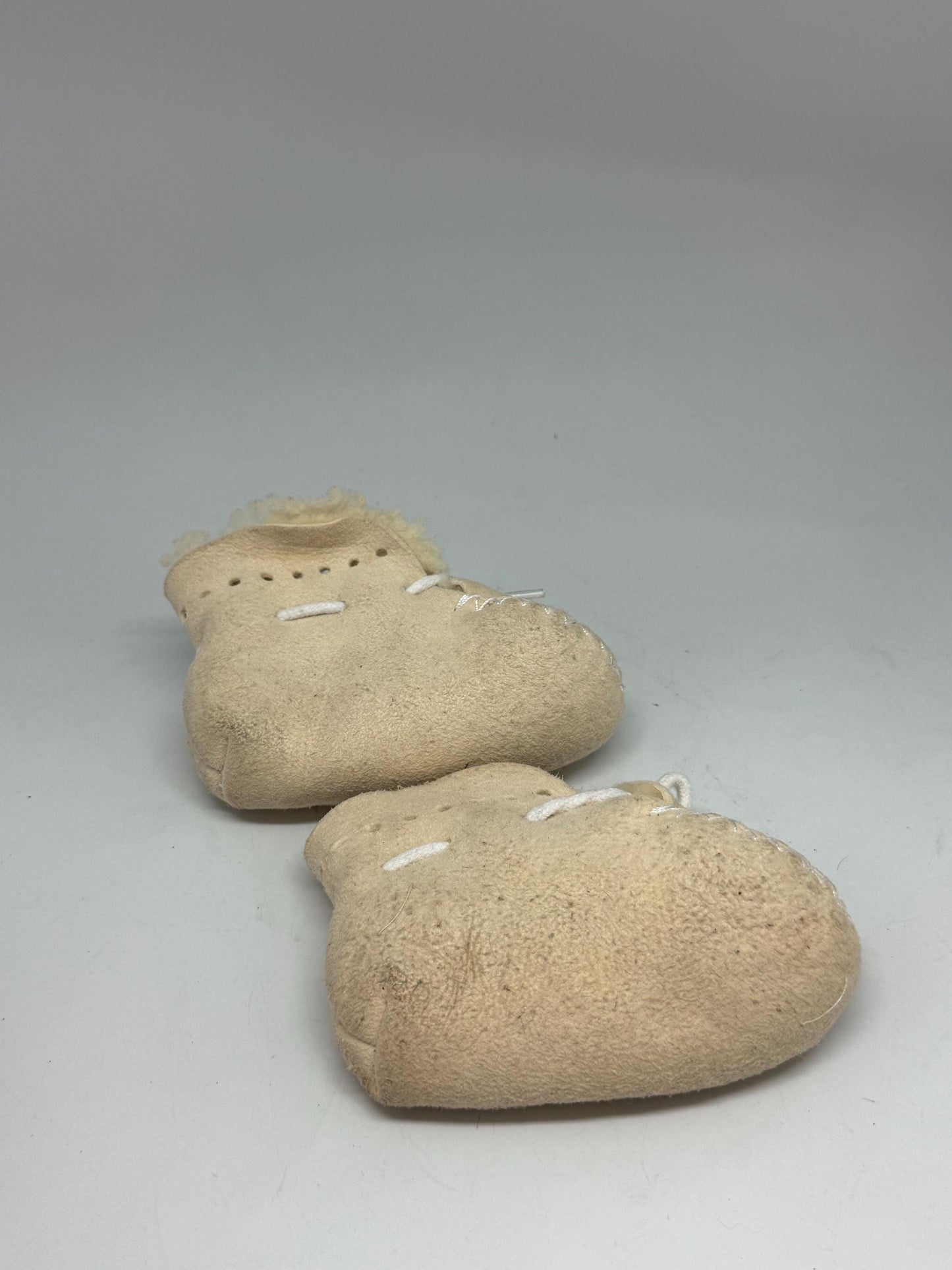 Vintage baby booties, sheep wool and leather, lace, up detail, cozy shearling interior, cottagecore aesthetic, US 0-6 months