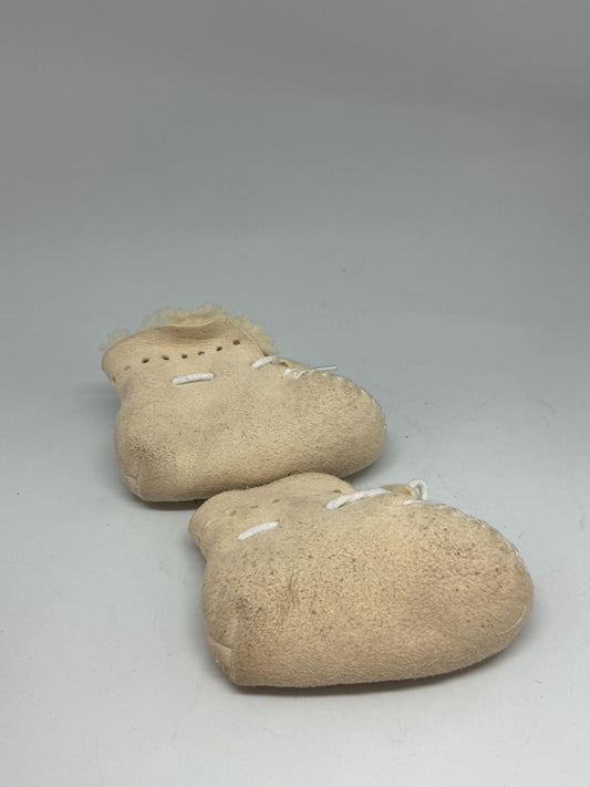 Vintage baby booties, sheep wool and leather, lace, up detail, cozy shearling interior, cottagecore aesthetic, US 0-6 months