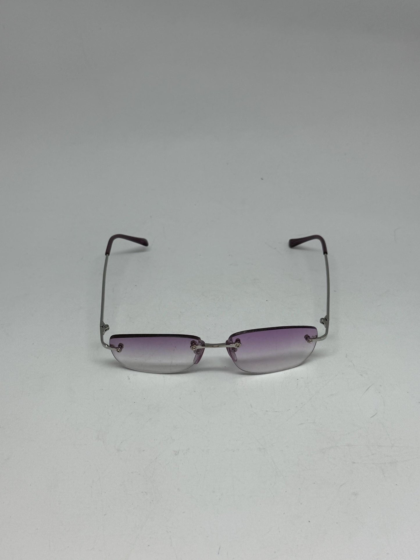 Retro Y2K rimless sunglasses, Italian made, rectangular gradient lenses, purple to clear tint, metal frame, indie, sleaze vibe