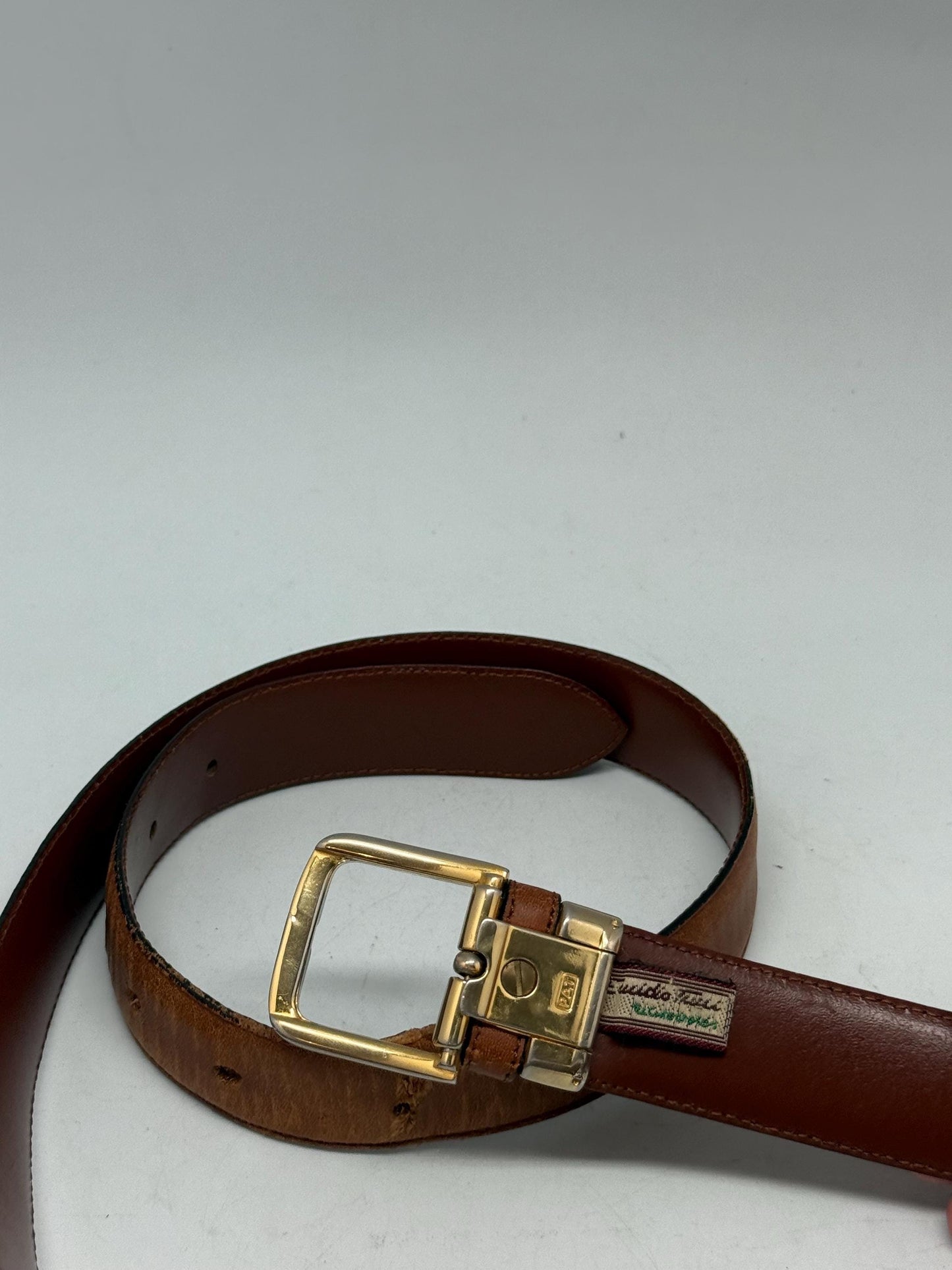 Emidio Tucci brown leather belt, genuine leather, classic fit, gold, toned polished buckle, minimalist chic, US M, formal semi, formal wear