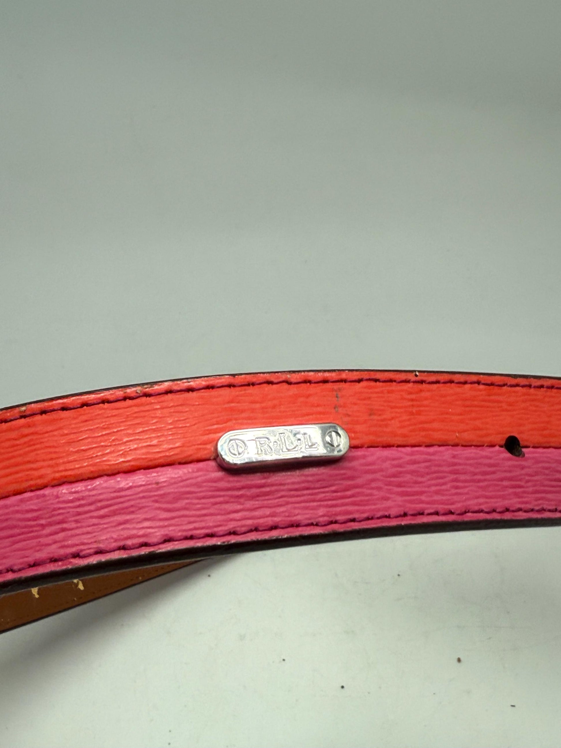 Ralph Lauren red pink leather belt, genuine leather, textured finish, silver metal buckle, branded logo detail, modern streetwear chic