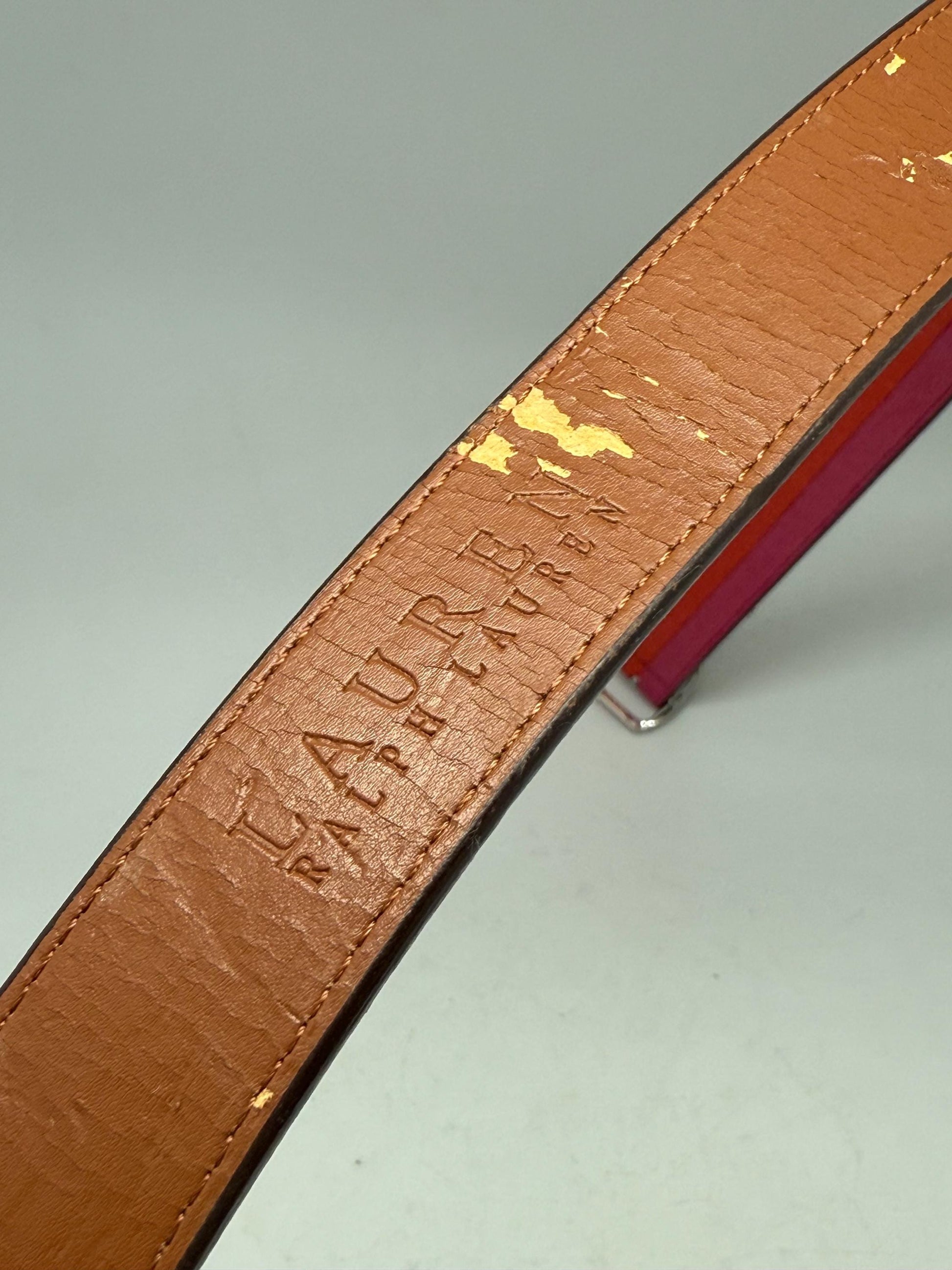 Ralph Lauren red pink leather belt, genuine leather, textured finish, silver metal buckle, branded logo detail, modern streetwear chic