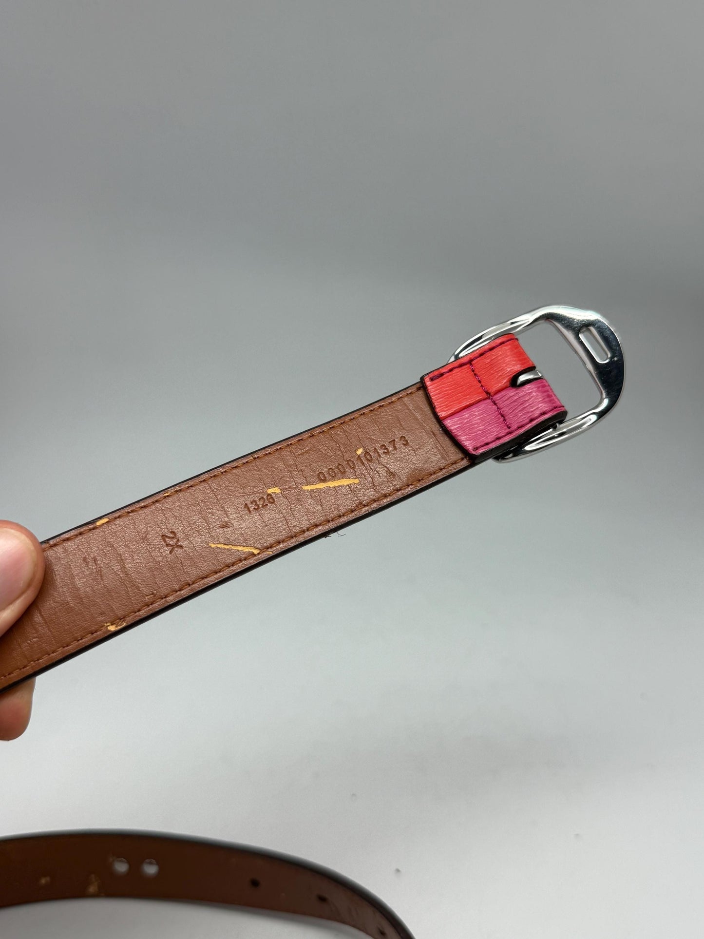 Ralph Lauren red pink leather belt, genuine leather, textured finish, silver metal buckle, branded logo detail, modern streetwear chic