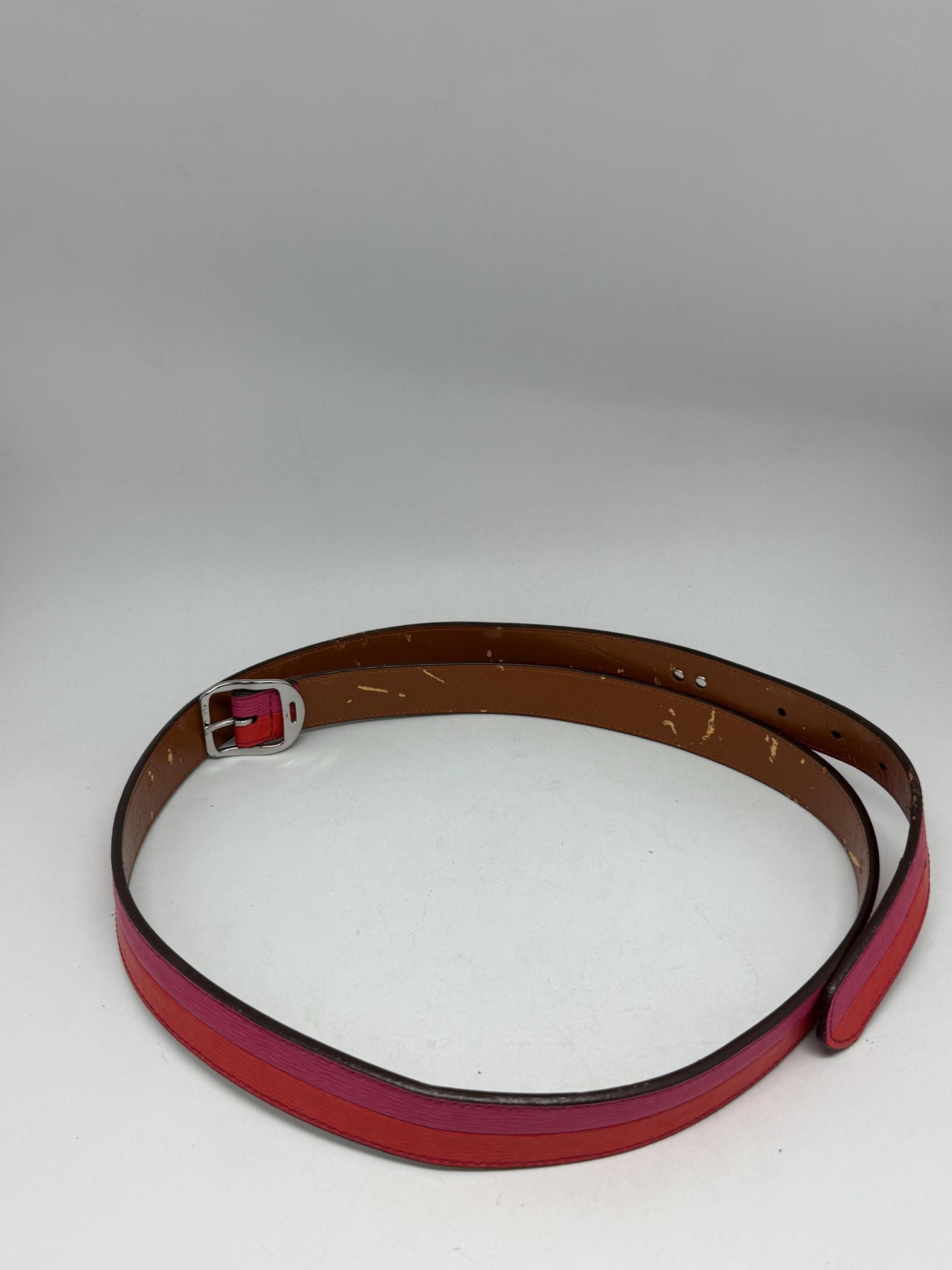 Ralph Lauren red pink leather belt, genuine leather, textured finish, silver metal buckle, branded logo detail, modern streetwear chic