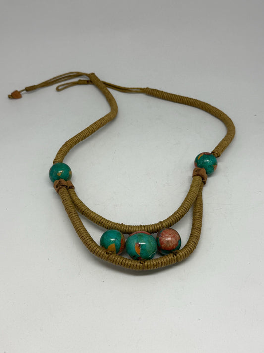Vintage multicolored beaded necklace, cotton feel cord, loop and bead closure, bohemian artisan style, adjustable, festival vibe