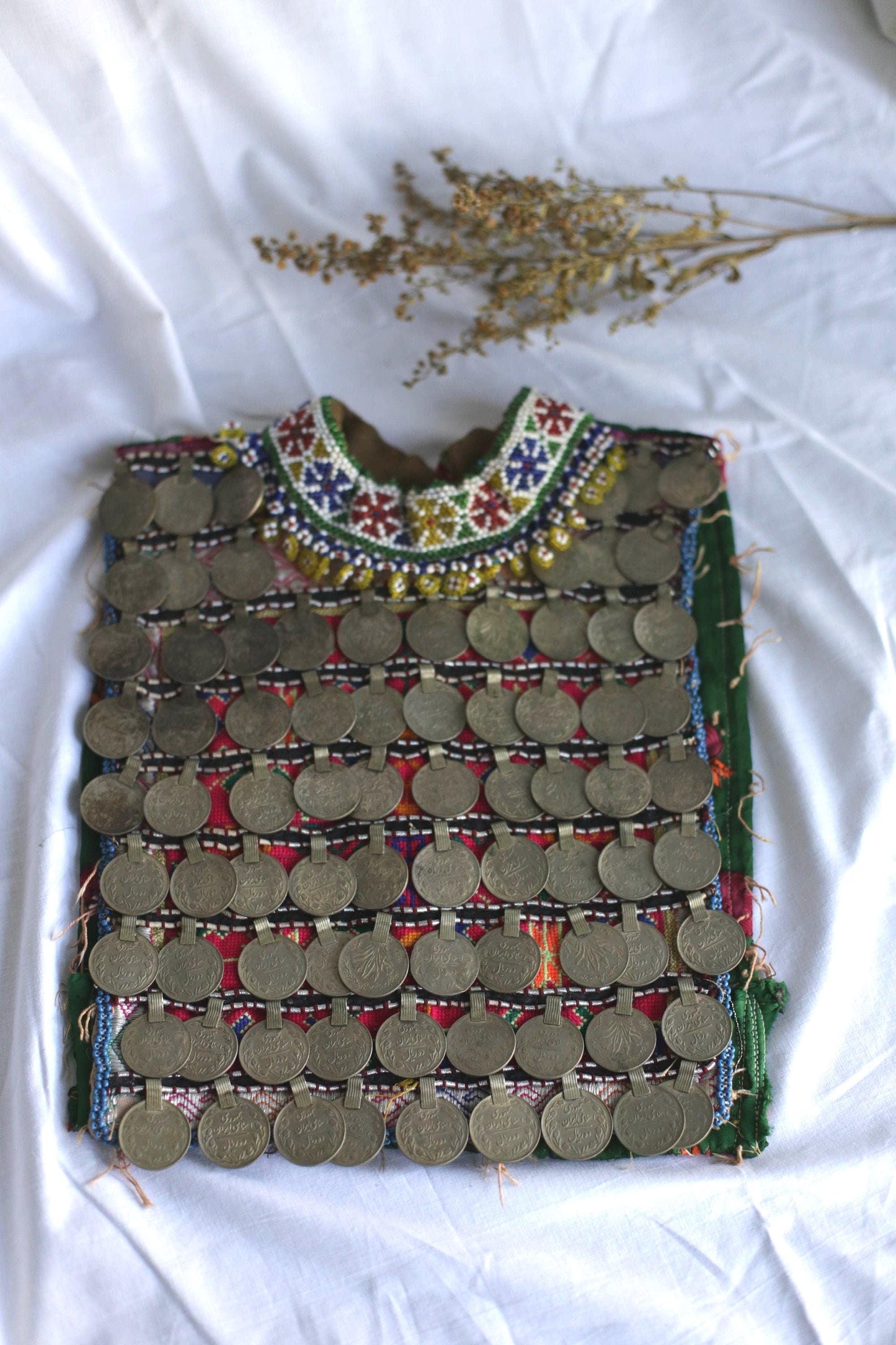 Afgan Relic, Antique handmade Afgan childrens bodice decorated with copper rial coins, Ethnographic