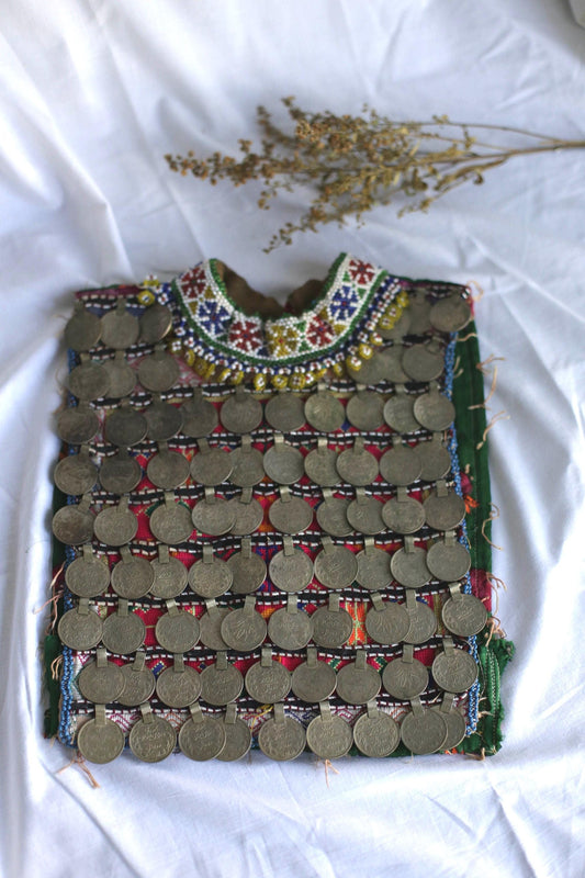 Afgan Relic, Antique handmade Afgan childrens bodice decorated with copper rial coins, Ethnographic