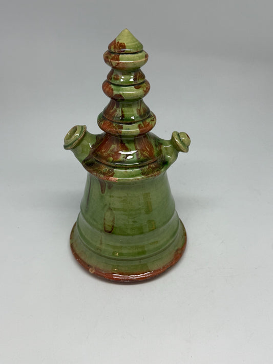 Vintage green tone ceramic pitcher, conical shape, multicolored marble glaze, unique tiered design, retro 70s decor, rustic home accent