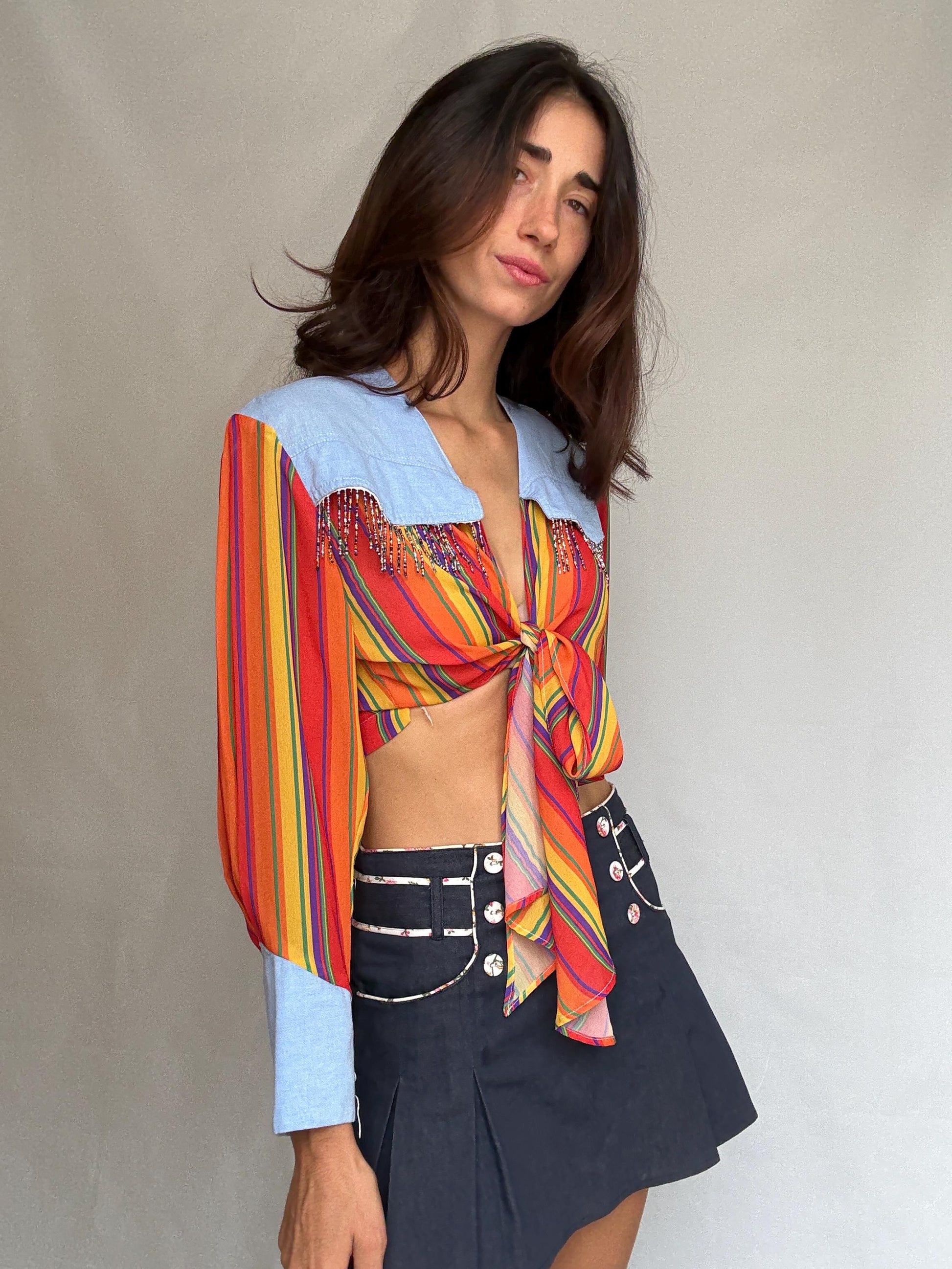 Vintage zou line spencer blouse, soft denim feel, relaxed fit, made in France, classic collar, vintage bohemian, US M, western aesthetic