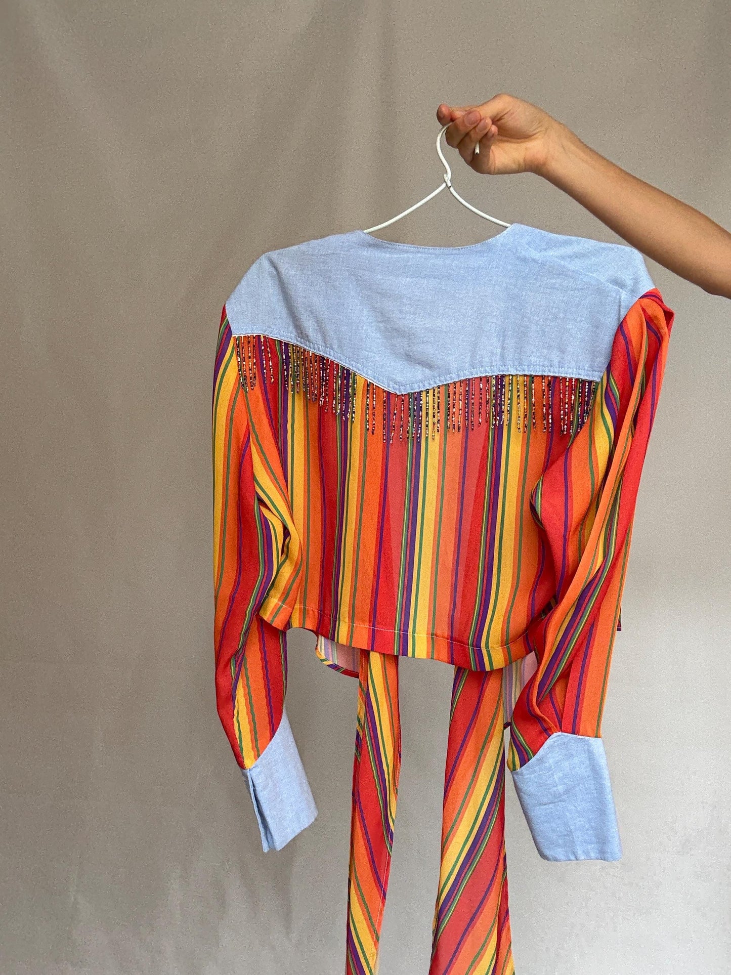 Vintage zou line spencer blouse, soft denim feel, relaxed fit, made in France, classic collar, vintage bohemian, US M, western aesthetic