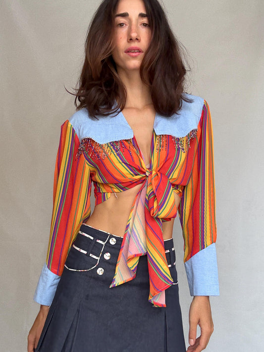 Vintage zou line spencer blouse, soft denim feel, relaxed fit, made in France, classic collar, vintage bohemian, US M, western aesthetic