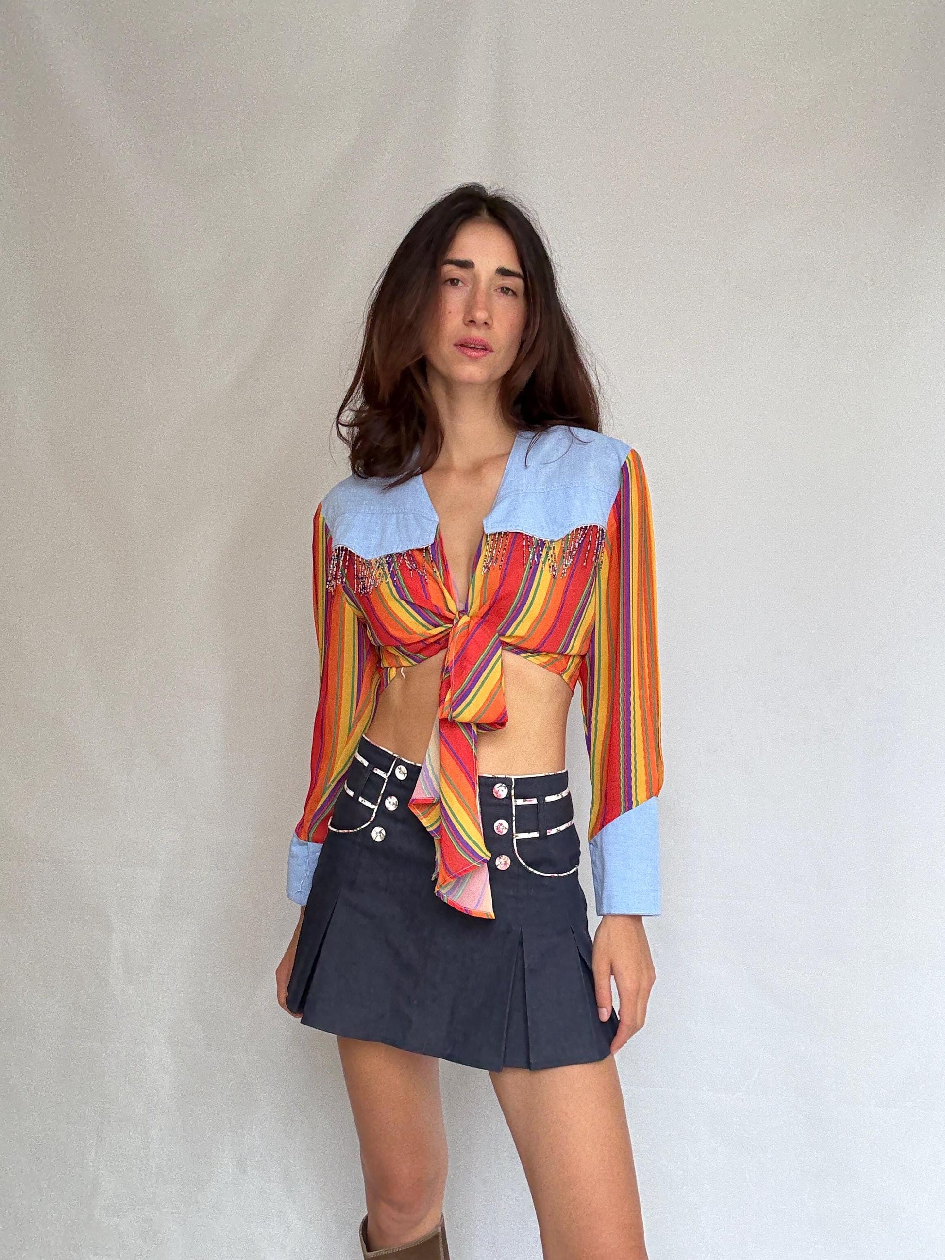 Vintage zou line spencer blouse, soft denim feel, relaxed fit, made in France, classic collar, vintage bohemian, US M, western aesthetic