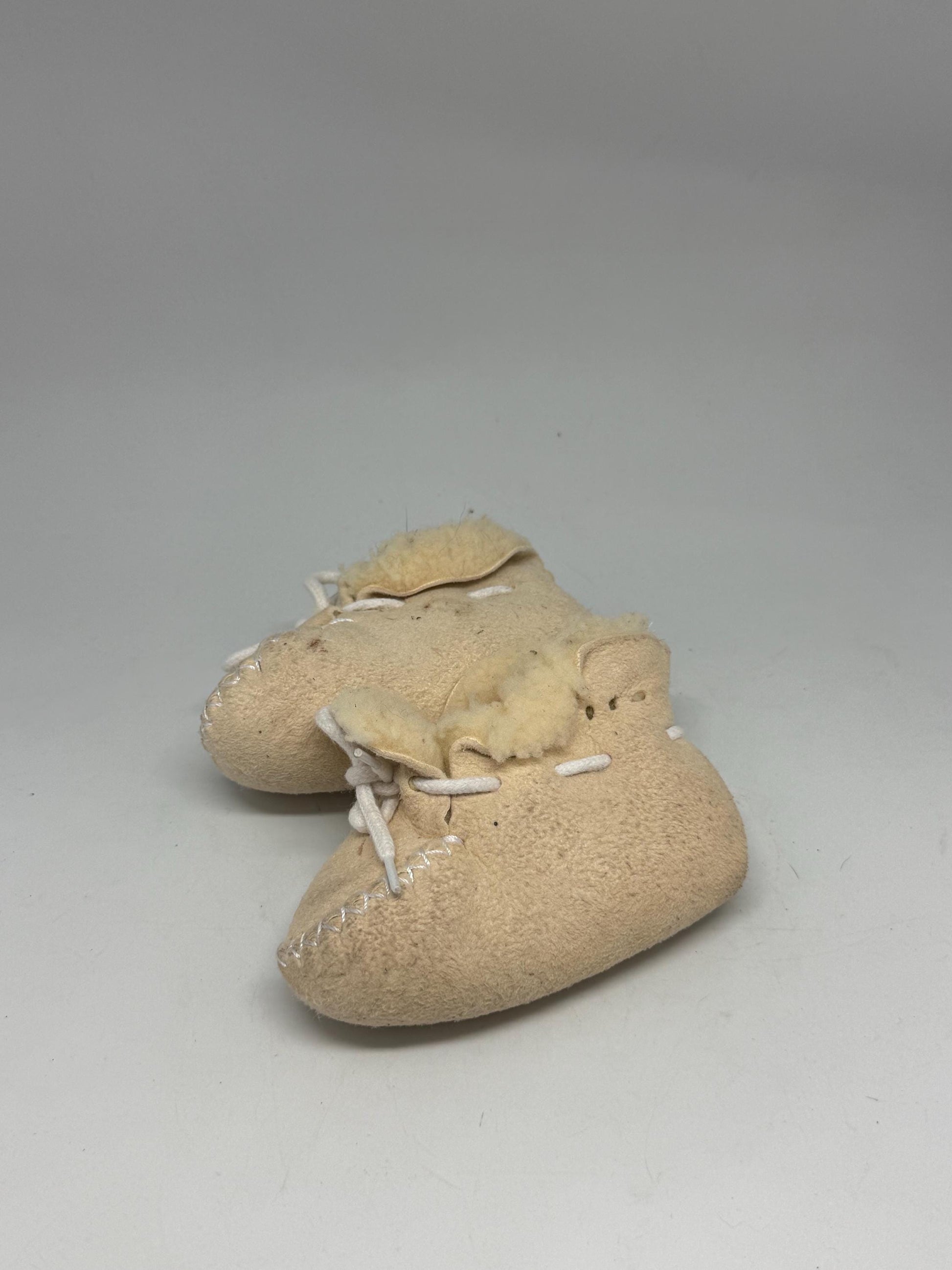 Vintage baby booties, sheep wool and leather, lace, up detail, cozy shearling interior, cottagecore aesthetic, US 0-6 months