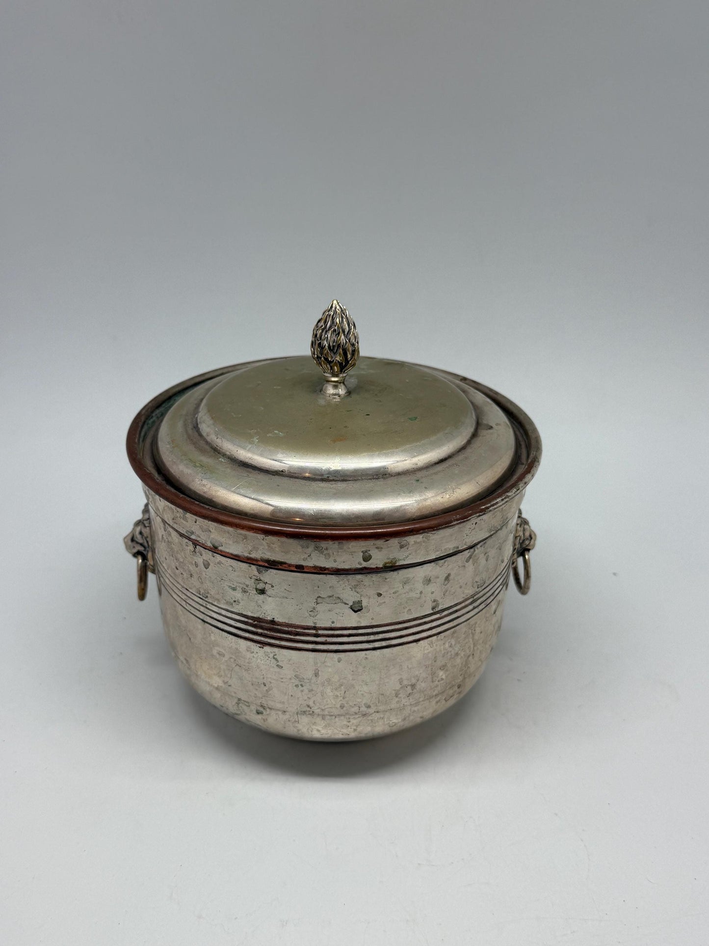 Vintage silver plated ice bucket, embellished lion's head handles, decorative finial, art deco, P.V.H. & Co. Made in England