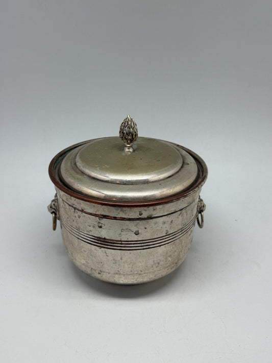 Vintage silver plated ice bucket, embellished lion's head handles, decorative finial, art deco, P.V.H. & Co. Made in England