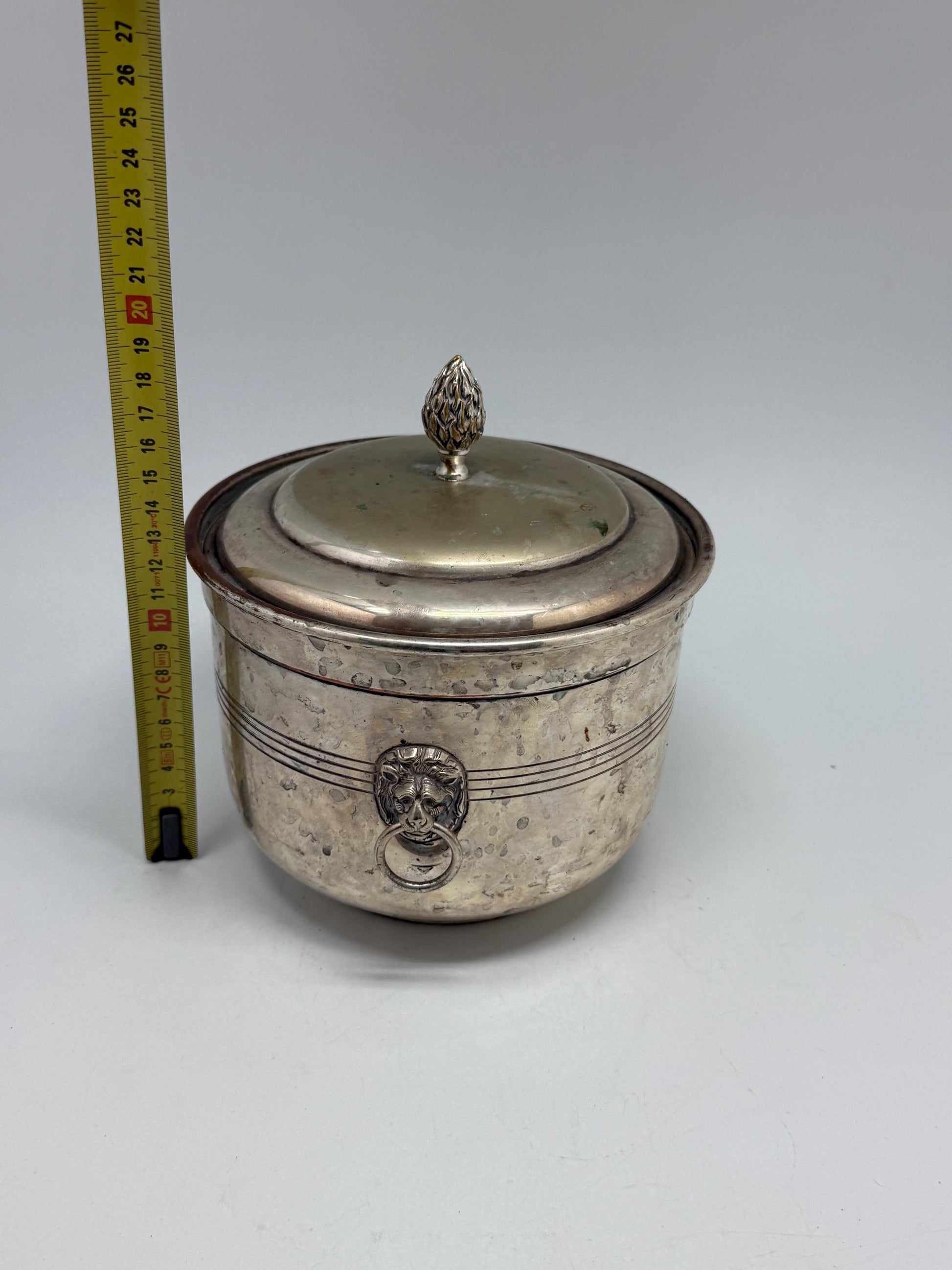 Vintage silver plated ice bucket, embellished lion's head handles, decorative finial, art deco, P.V.H. & Co. Made in England