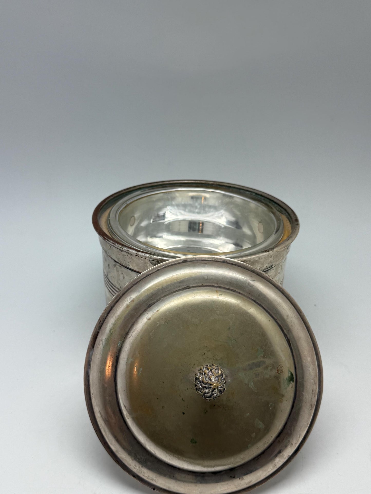 Vintage silver plated ice bucket, embellished lion's head handles, decorative finial, art deco, P.V.H. & Co. Made in England