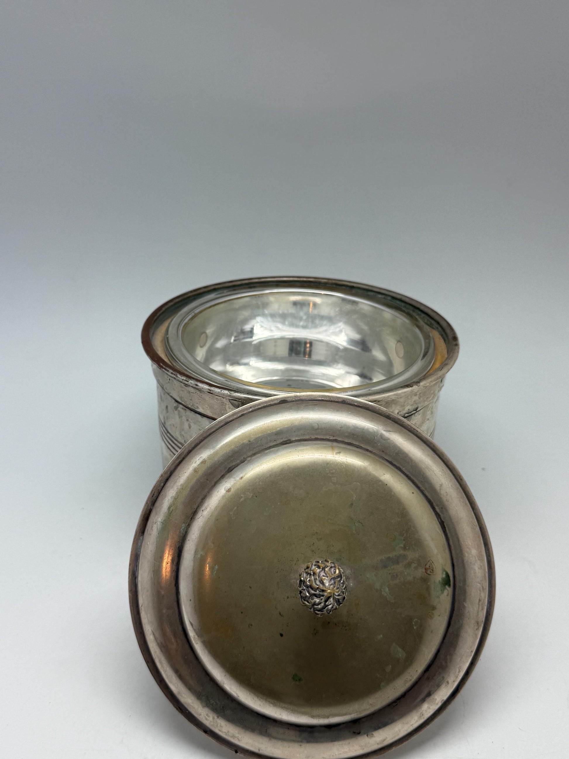 Vintage silver plated ice bucket, embellished lion's head handles, decorative finial, art deco, P.V.H. & Co. Made in England