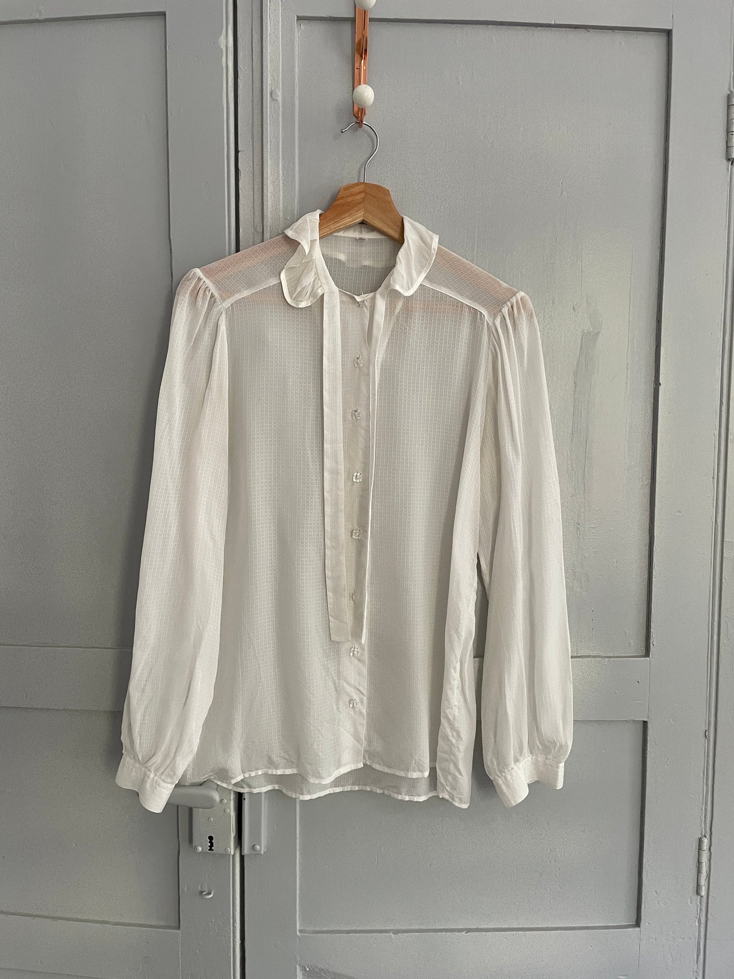Vintage sheer romantic woman blouse, White see through collared shirt, Bow tie antique top