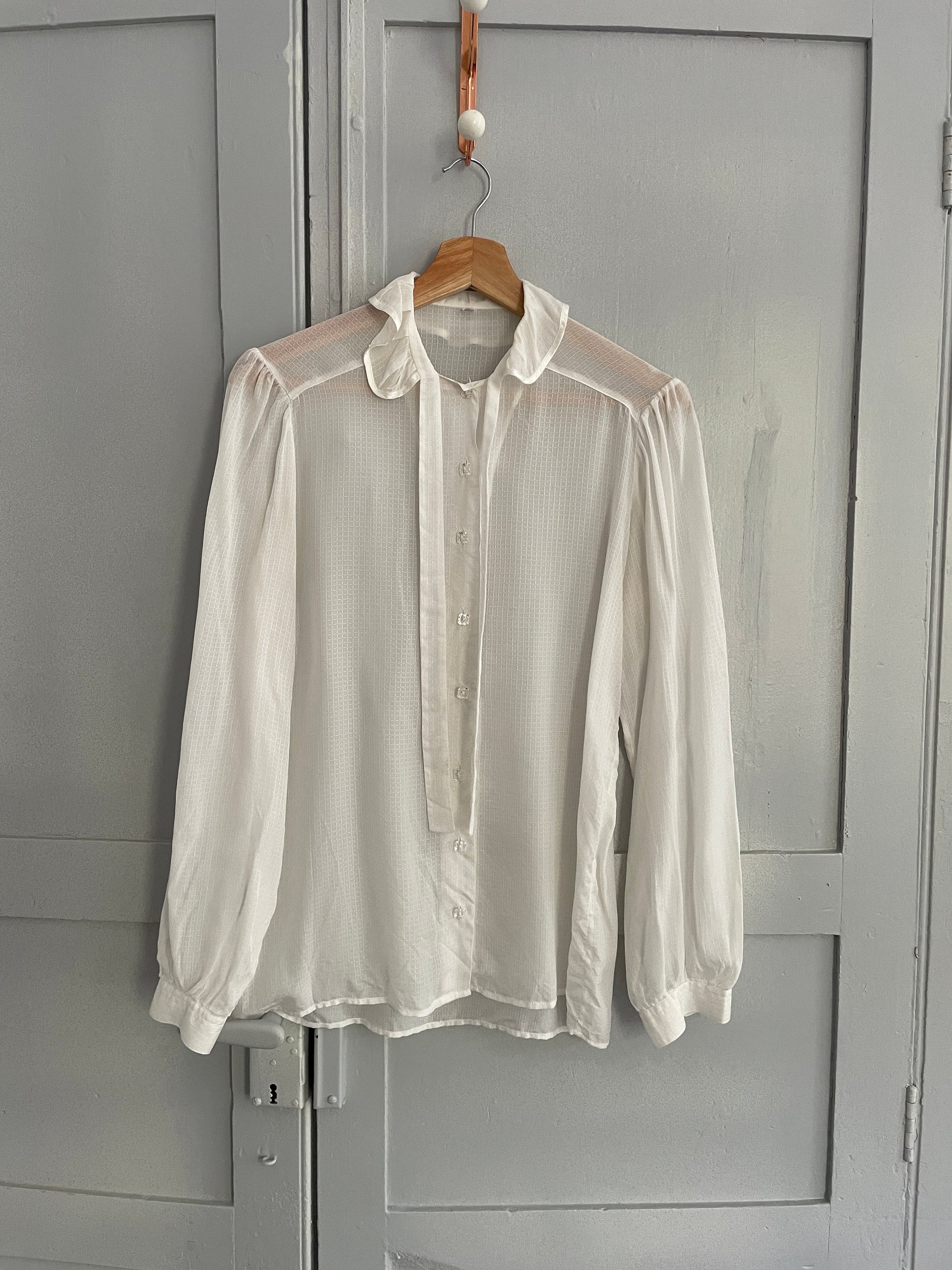 Vintage sheer romantic woman blouse, White see through collared shirt, Bow tie antique top