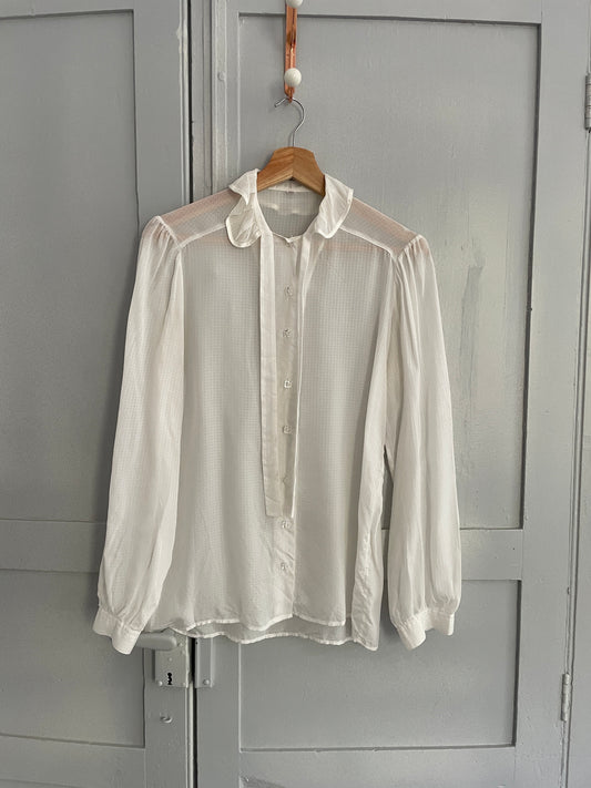Vintage sheer romantic woman blouse, White see through collared shirt, Bow tie antique top