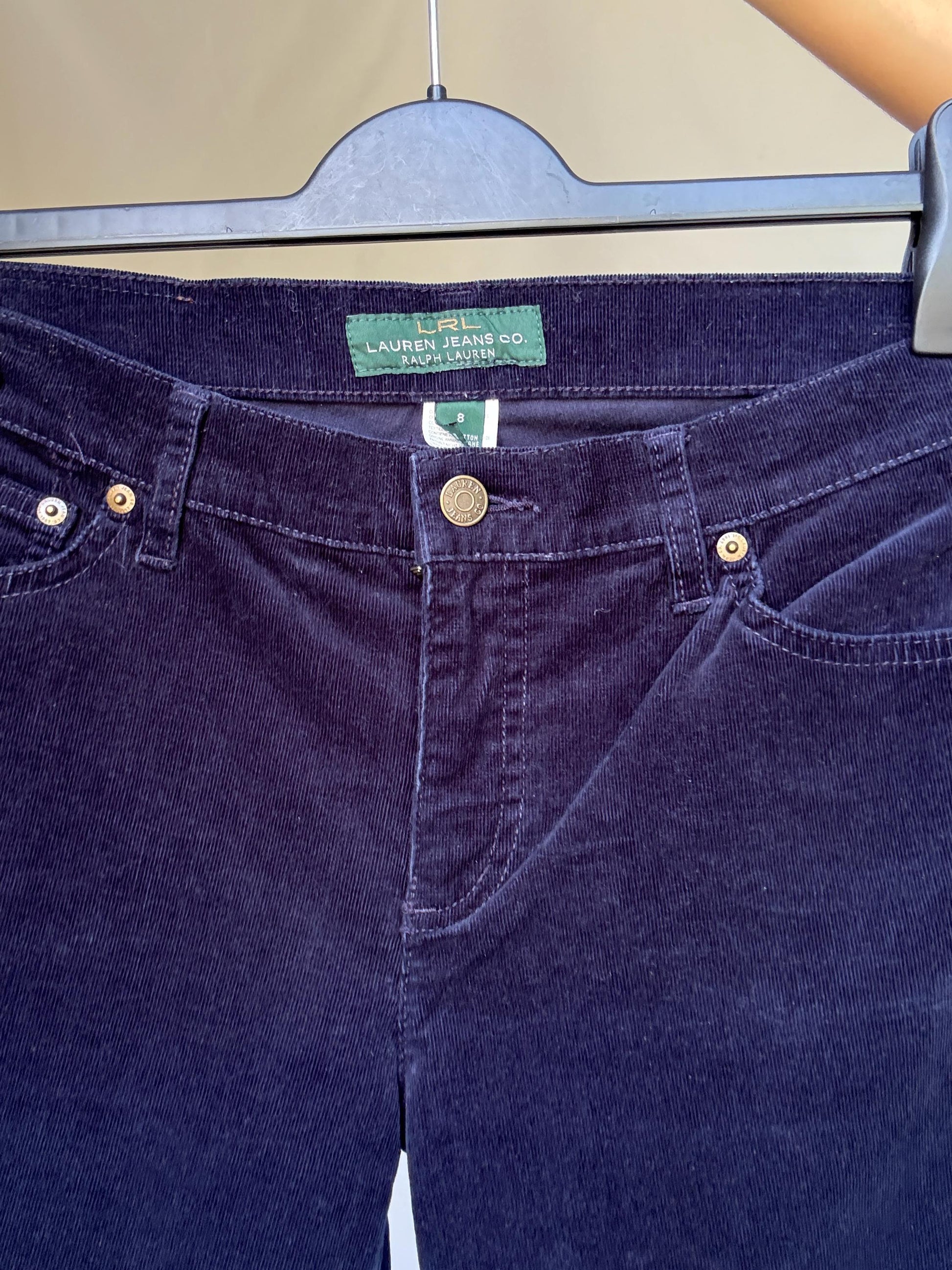 LRL Lauren Jeans Co. blue velvet cotton corduroy pants, straight leg fit, elegant preppy retro style, US M, casual chic