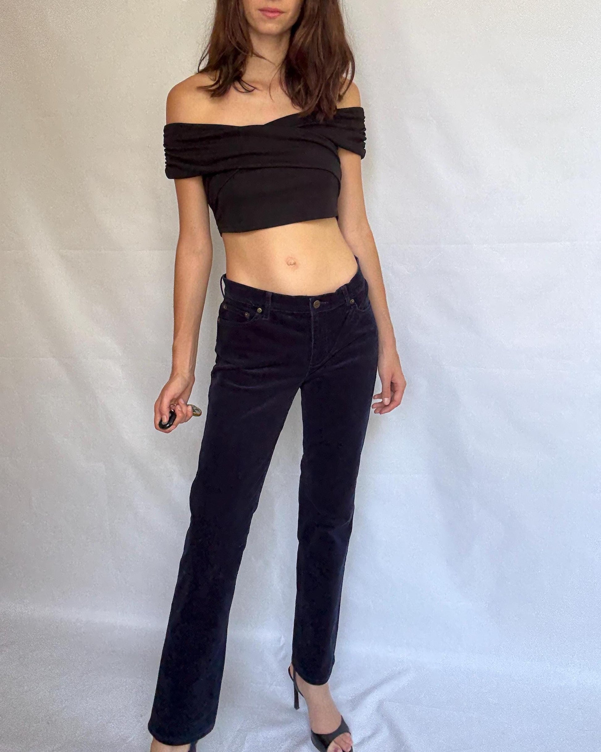 LRL Lauren Jeans Co. blue velvet cotton corduroy pants, straight leg fit, elegant preppy retro style, US M, casual chic